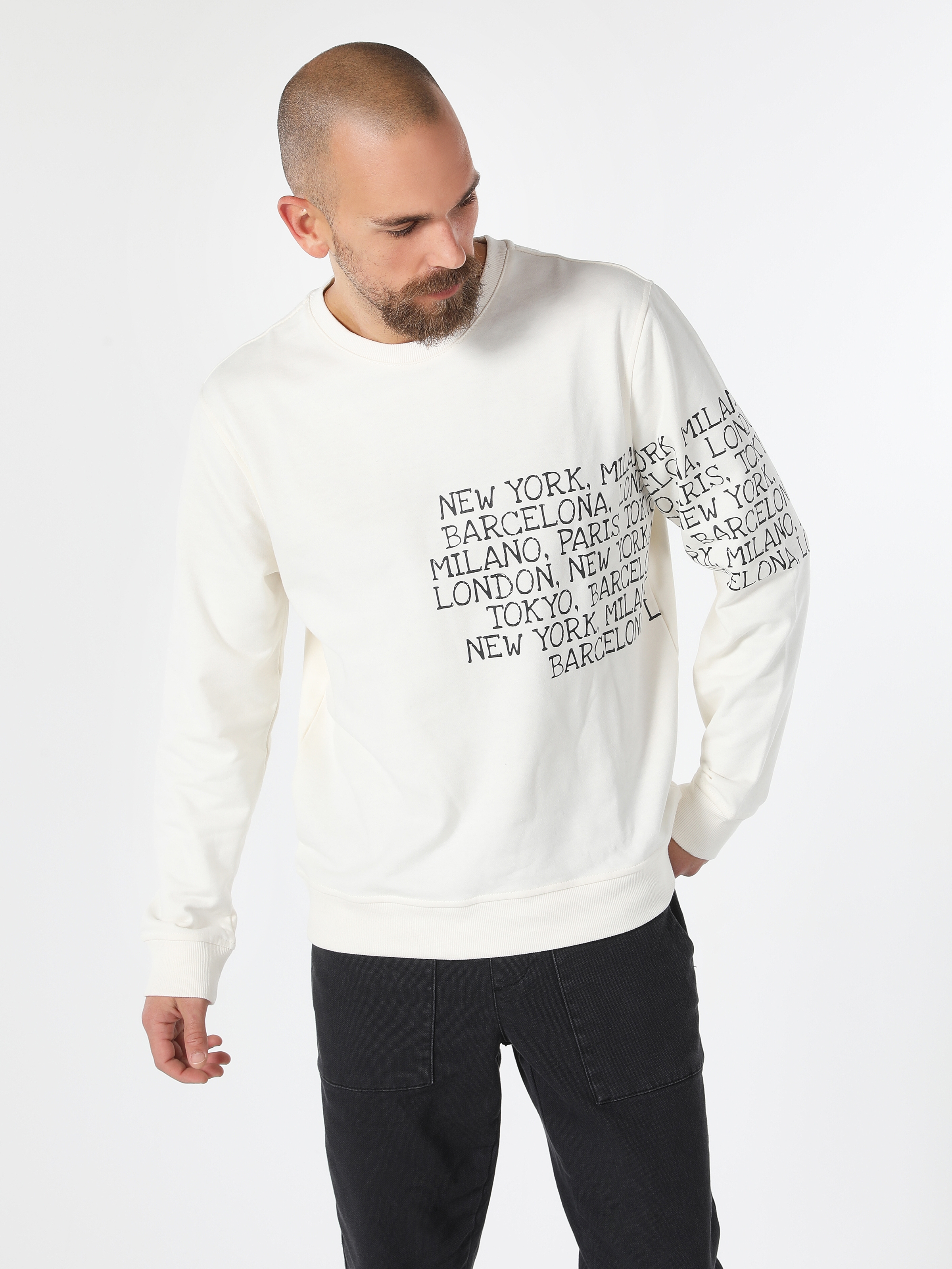 Regular Fit Yazı Baskılı Beyaz Erkek Sweatshirt