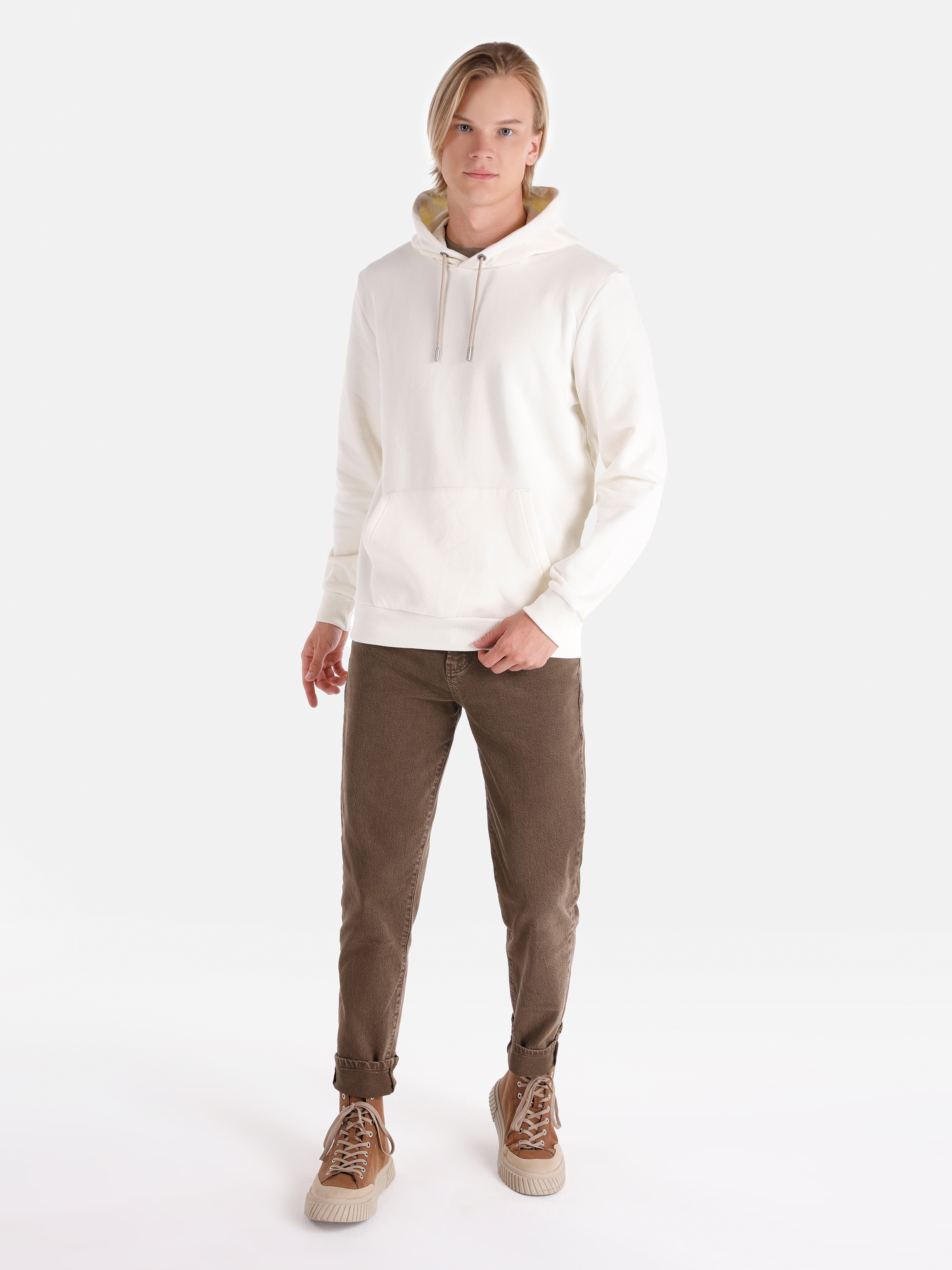 Regular Fit Kapüşonlu Beyaz Erkek Sweatshirt Cl1059712