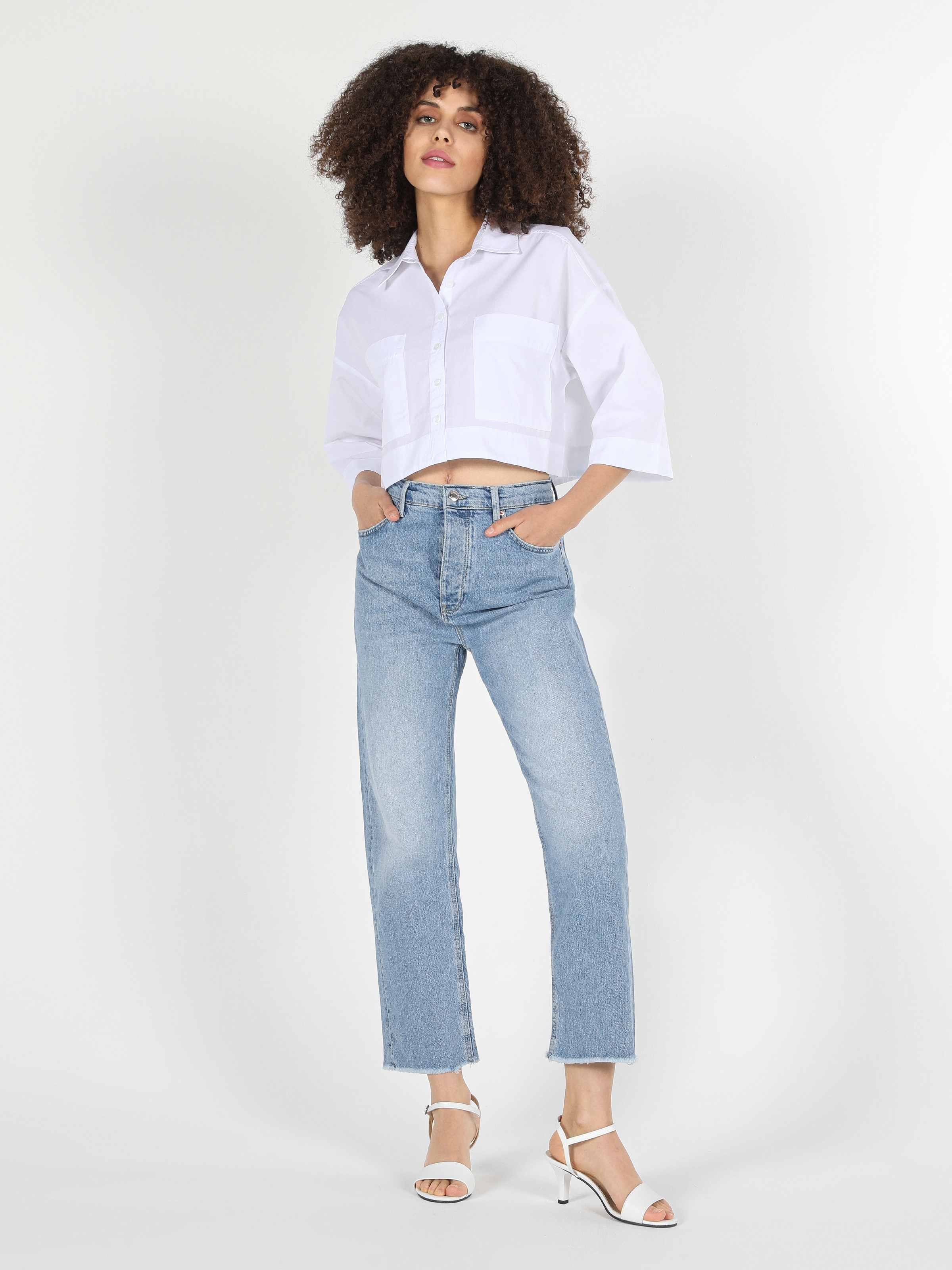 Regular Fit Crop Beyaz Kadın Uzun Kol Gömlek Cl1058727