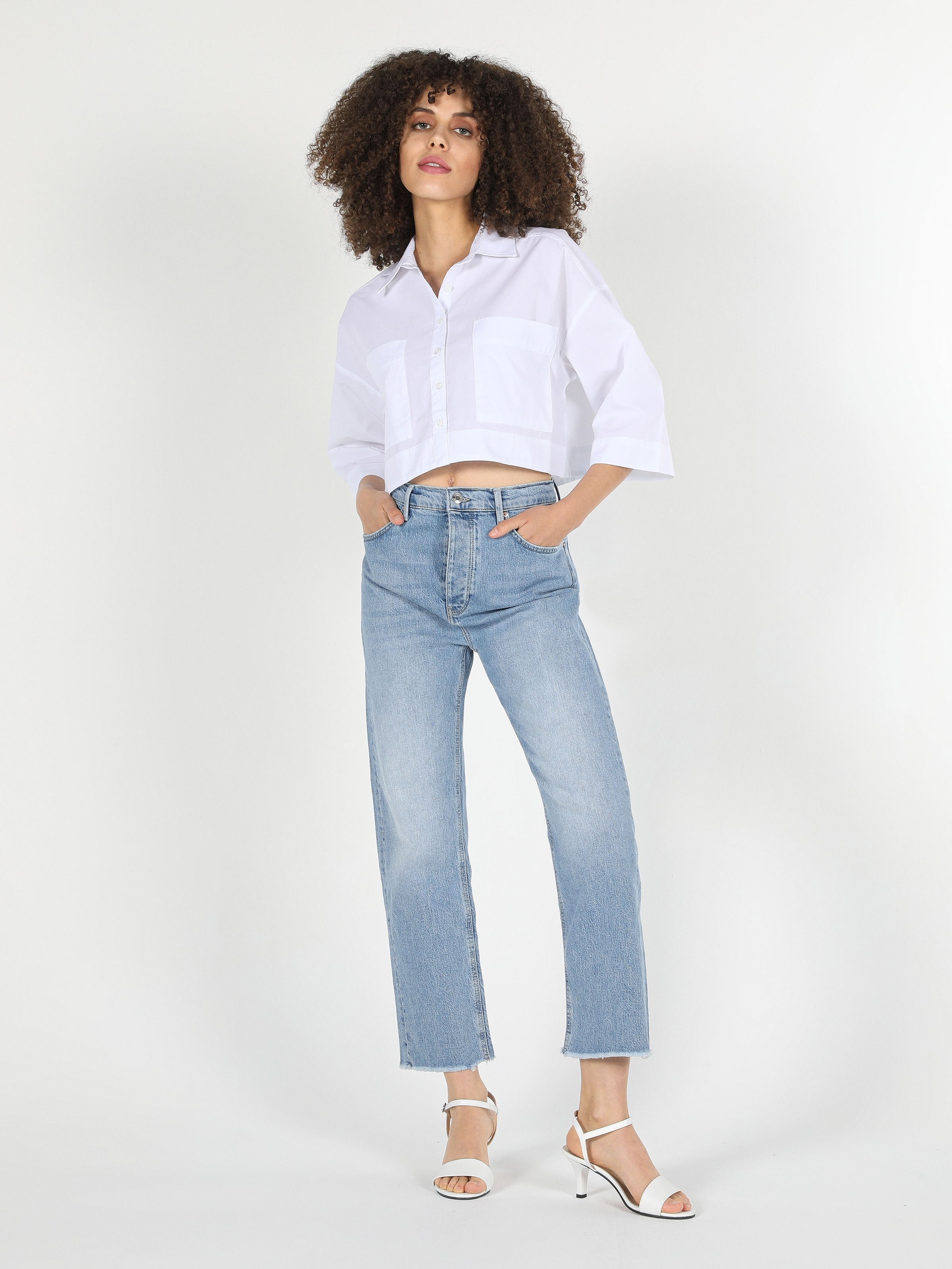 Regular Fit Crop Beyaz Kadın Uzun Kol Gömlek Cl1058727