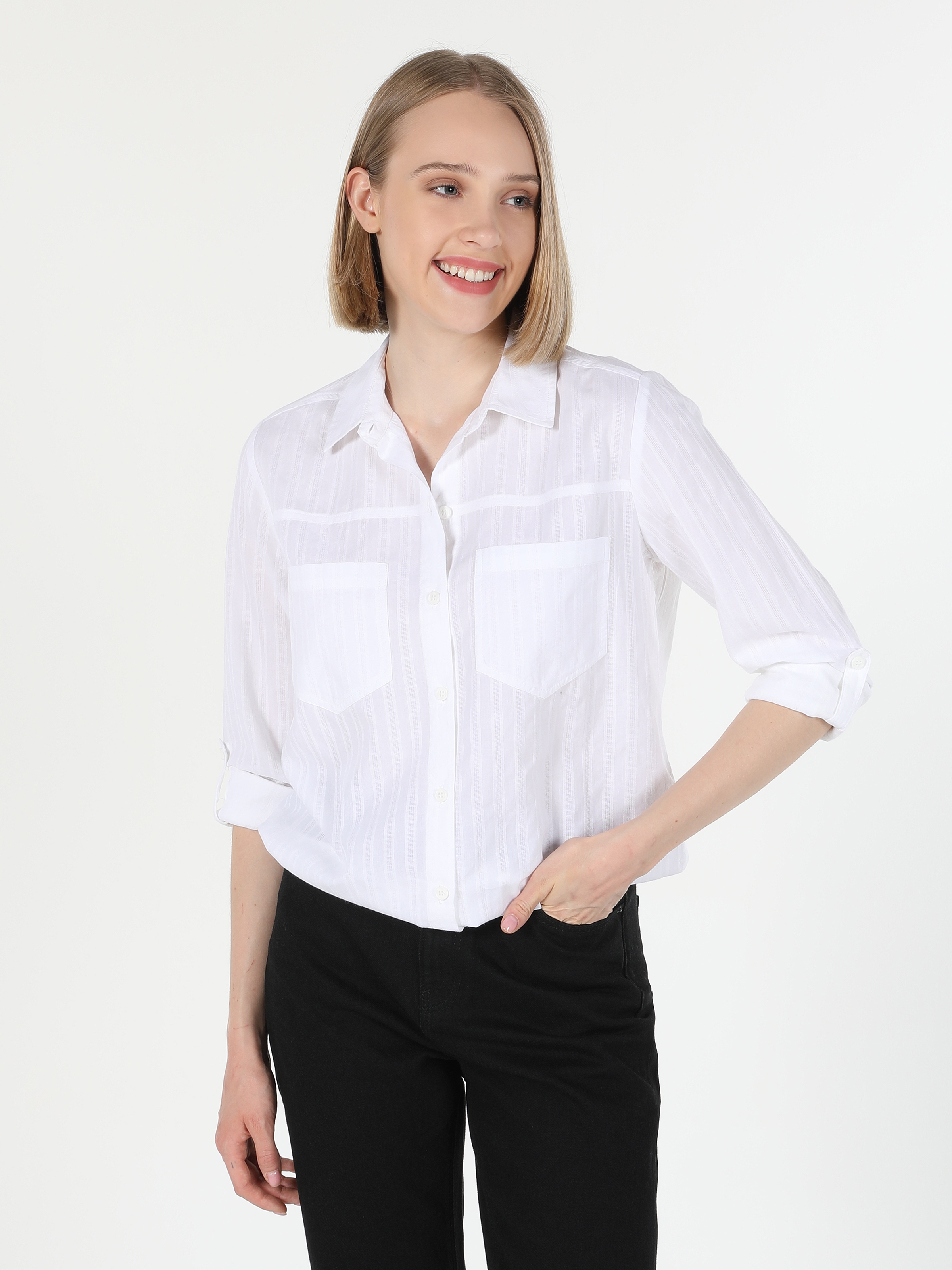Regular Fit Çizgili Beyaz Kadın Uzun Kol Gömlek Cl1060165