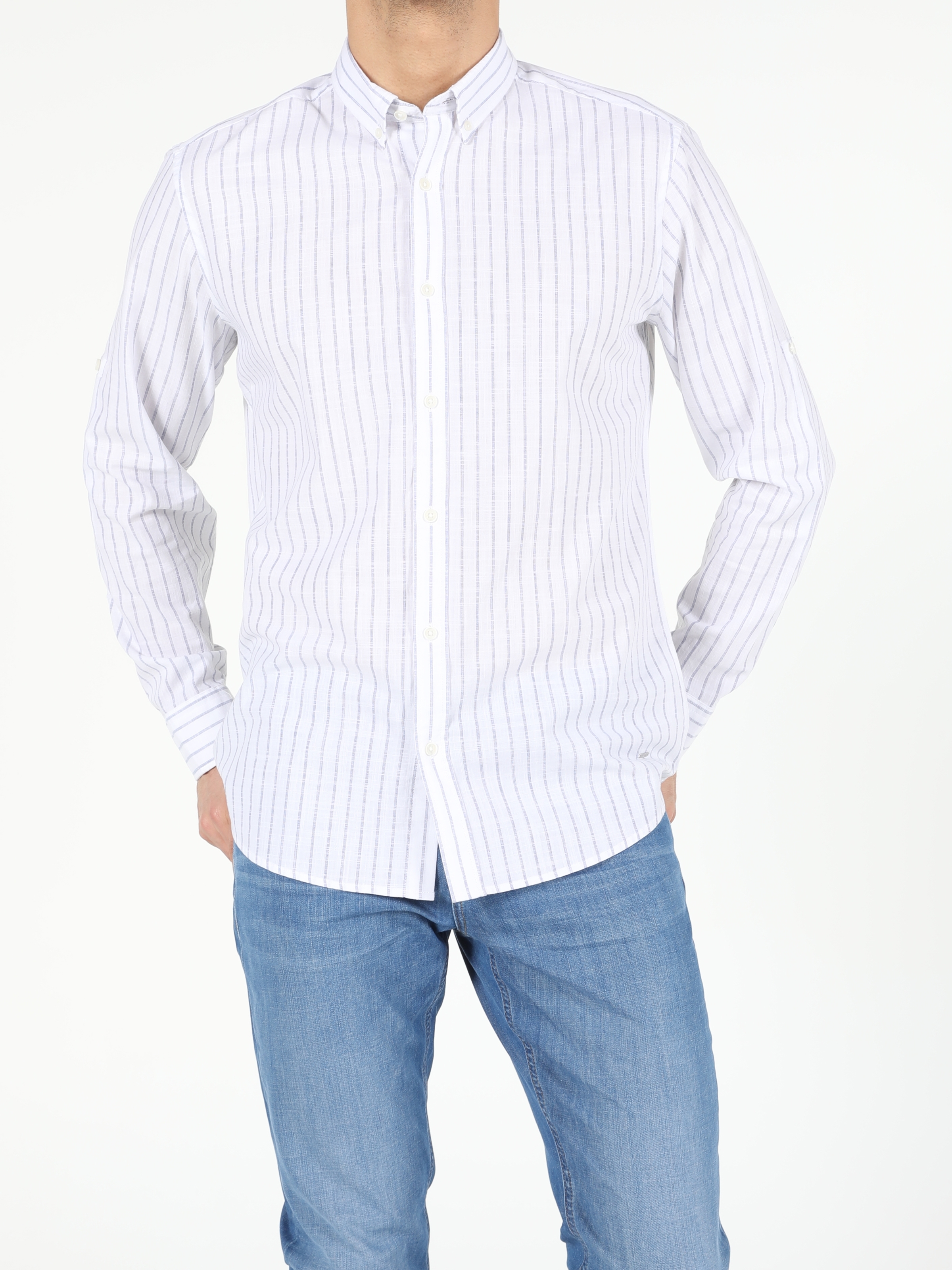 Beyaz Regular Fit Shirt Neck  Erkek Uzun Kol Gömlek