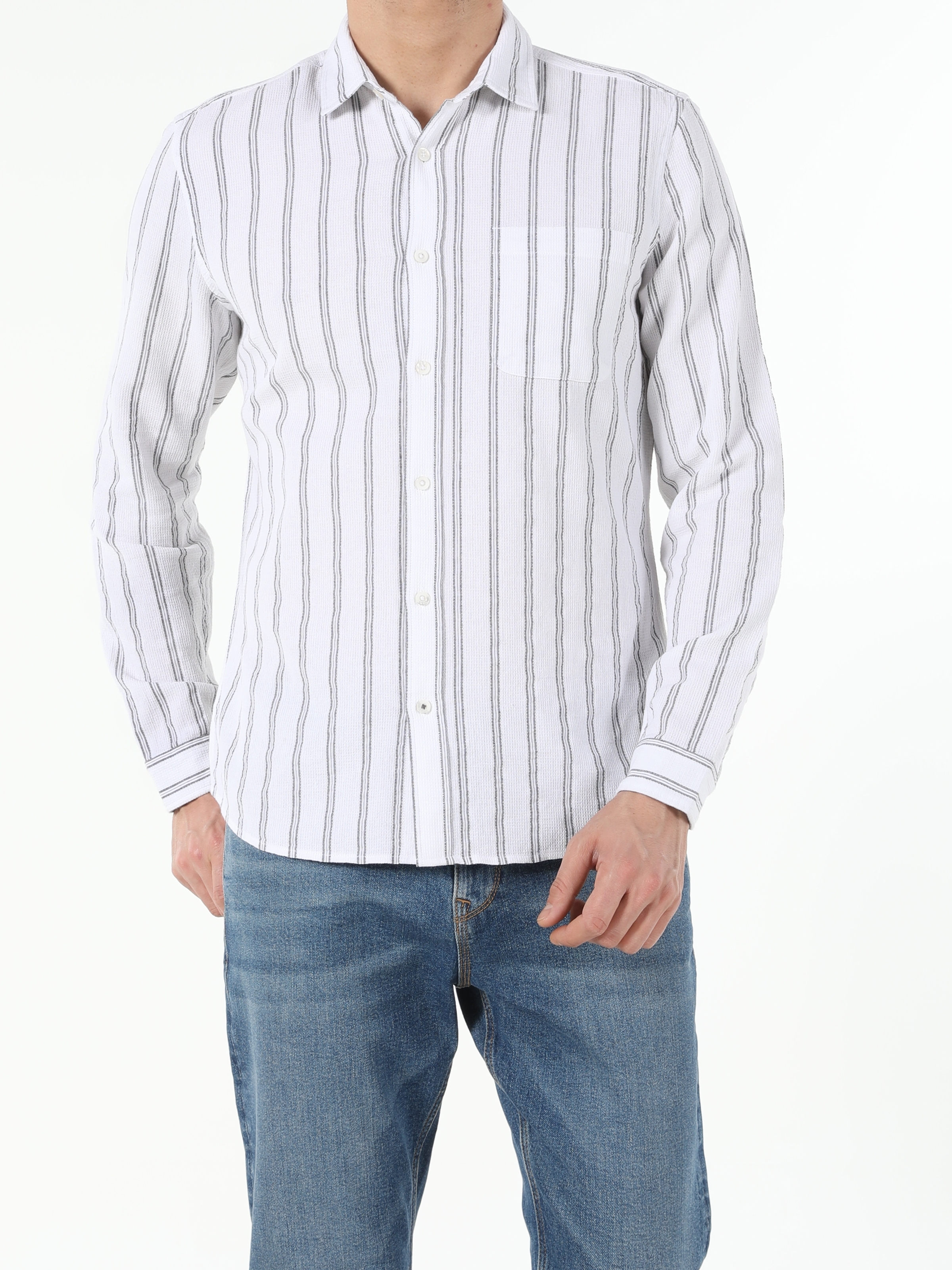 Colins Beyaz Slim Fit Shirt Neck Erkek Uzun Kol Gömlek. 3