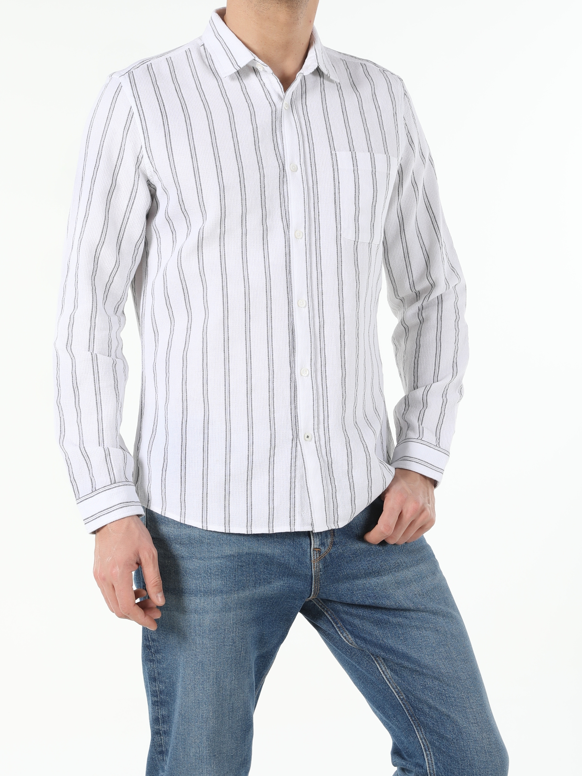 Colins Beyaz Slim Fit Shirt Neck Erkek Uzun Kol Gömlek. 4
