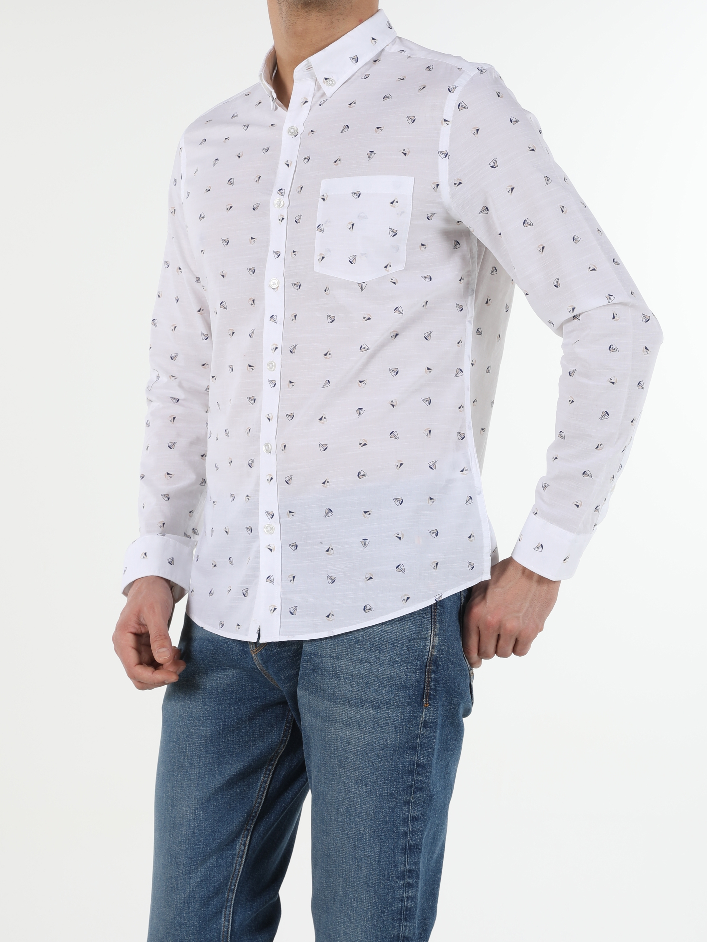 Beyaz Slim Fit Shirt Neck Erkek Uzun Kol Gömlek Cl1054250