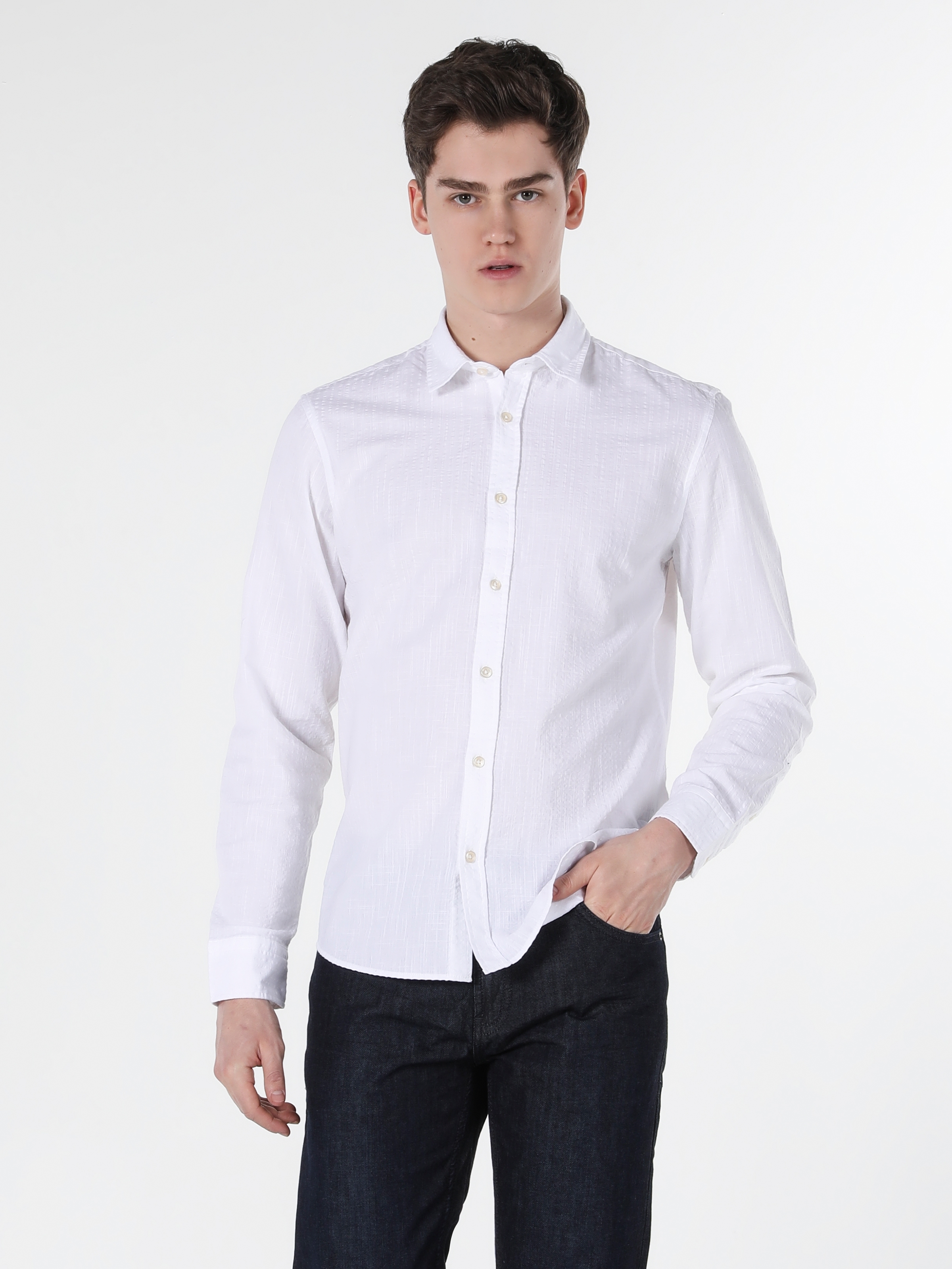 Beyaz Slim Fit Shirt Neck  Erkek Uzun Kol Gömlek