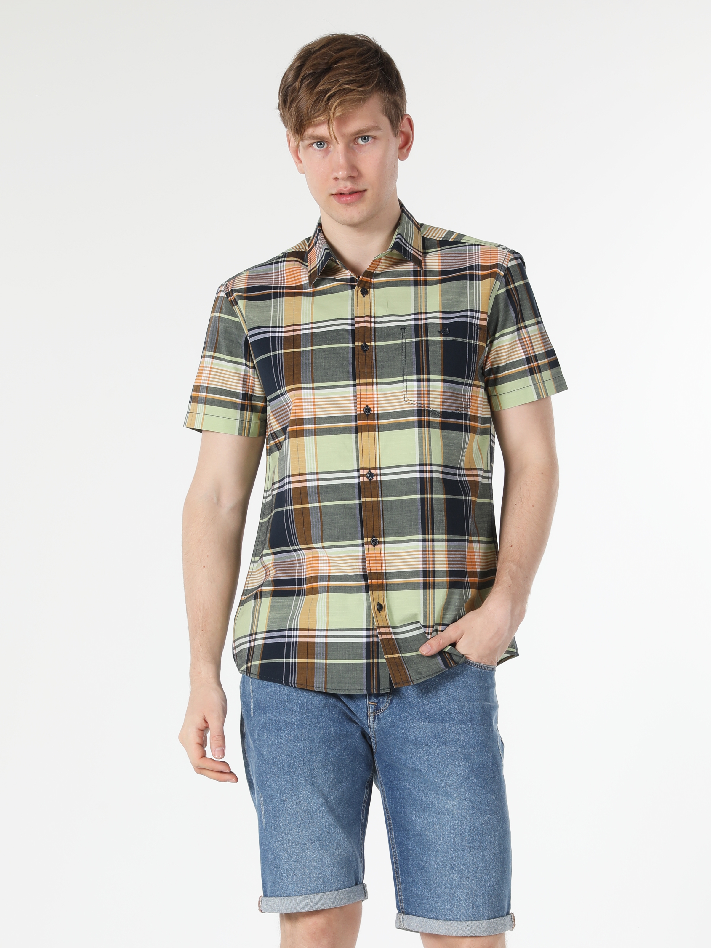 Regular Fit Shirt Neck Ekoseli Cep Detaylı Çok Renkli Erkek Kısa Kol Gömlek Cl1058644