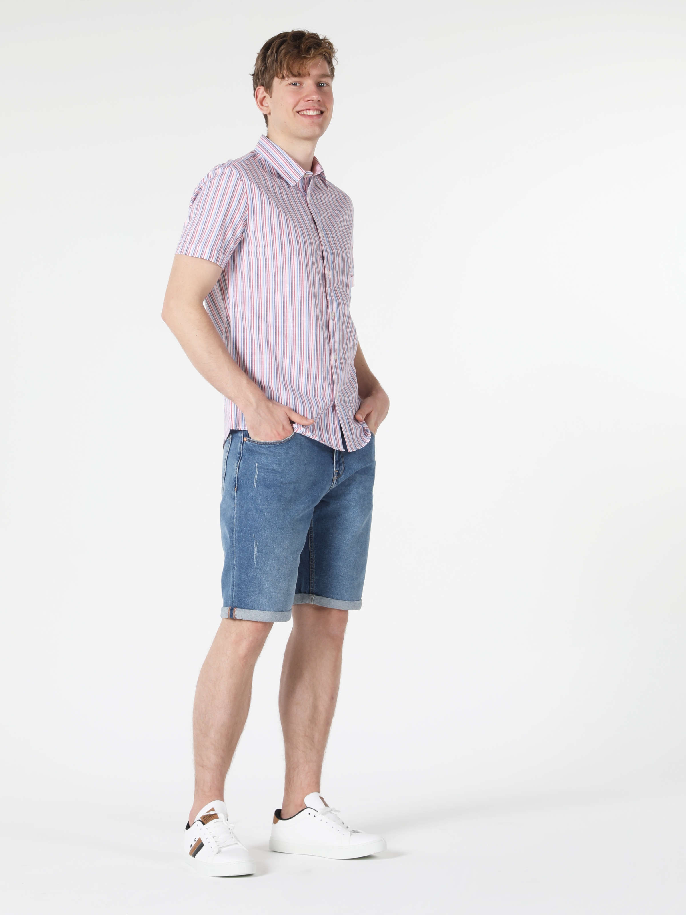 Slim Fit Shirt Neck Çizgili Çok Renkli Erkek Kısa Kol Gömlek Cl1058967