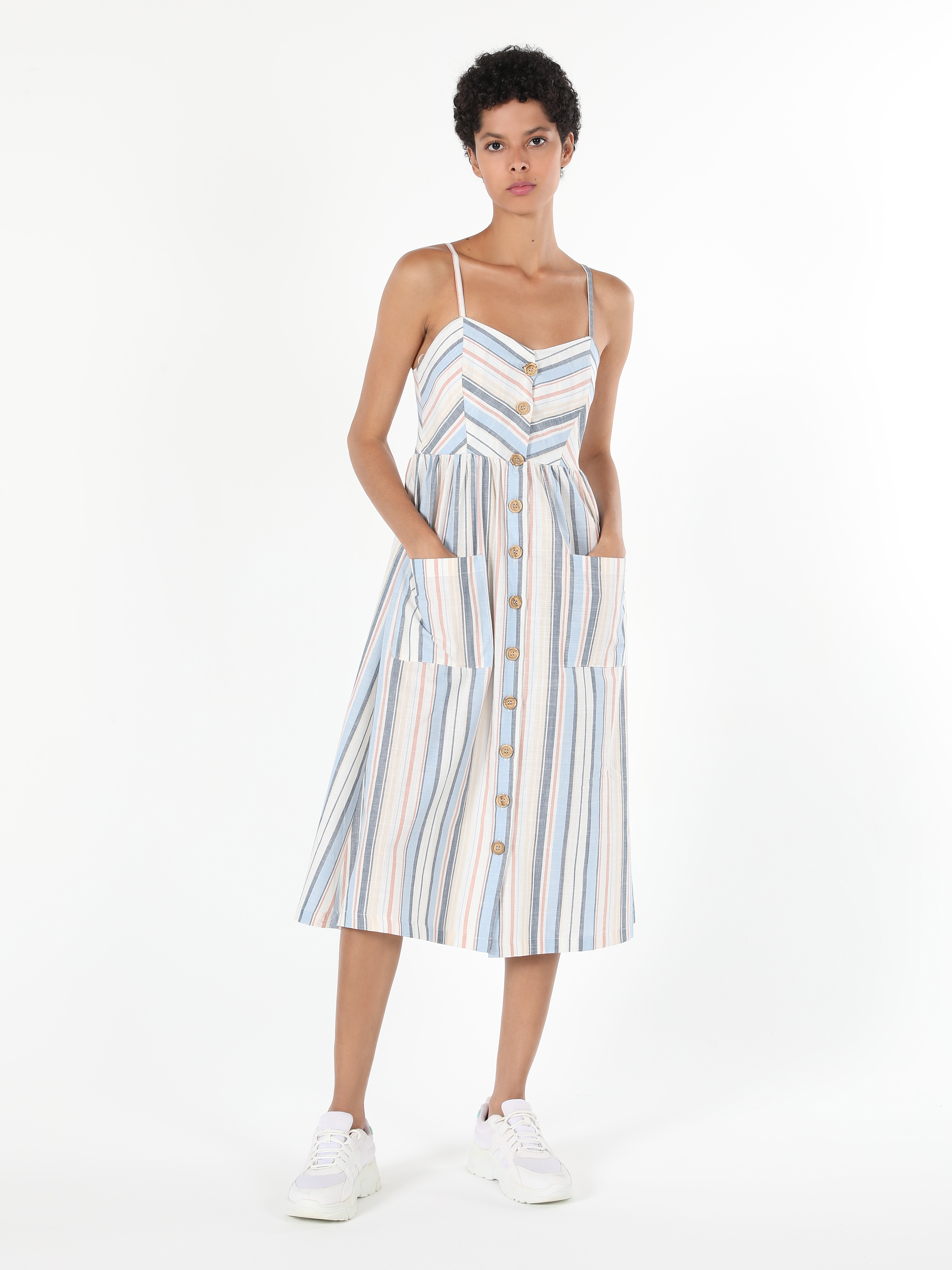 Slim Fit Çizgili Düğme Detaylı Çok Renkli Kadın Elbise Cl1058869