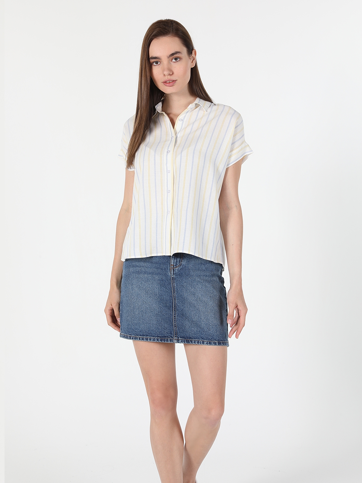 Colins Regular Fit Shirt Neck Çizgili Çok Renkli Kadın Kısa Kol Gömlek. 3