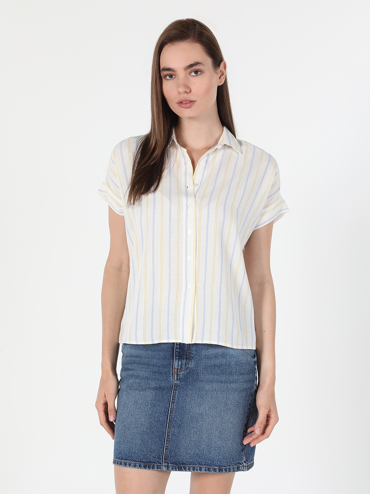 Colins Regular Fit Shirt Neck Çizgili Çok Renkli Kadın Kısa Kol Gömlek. 4