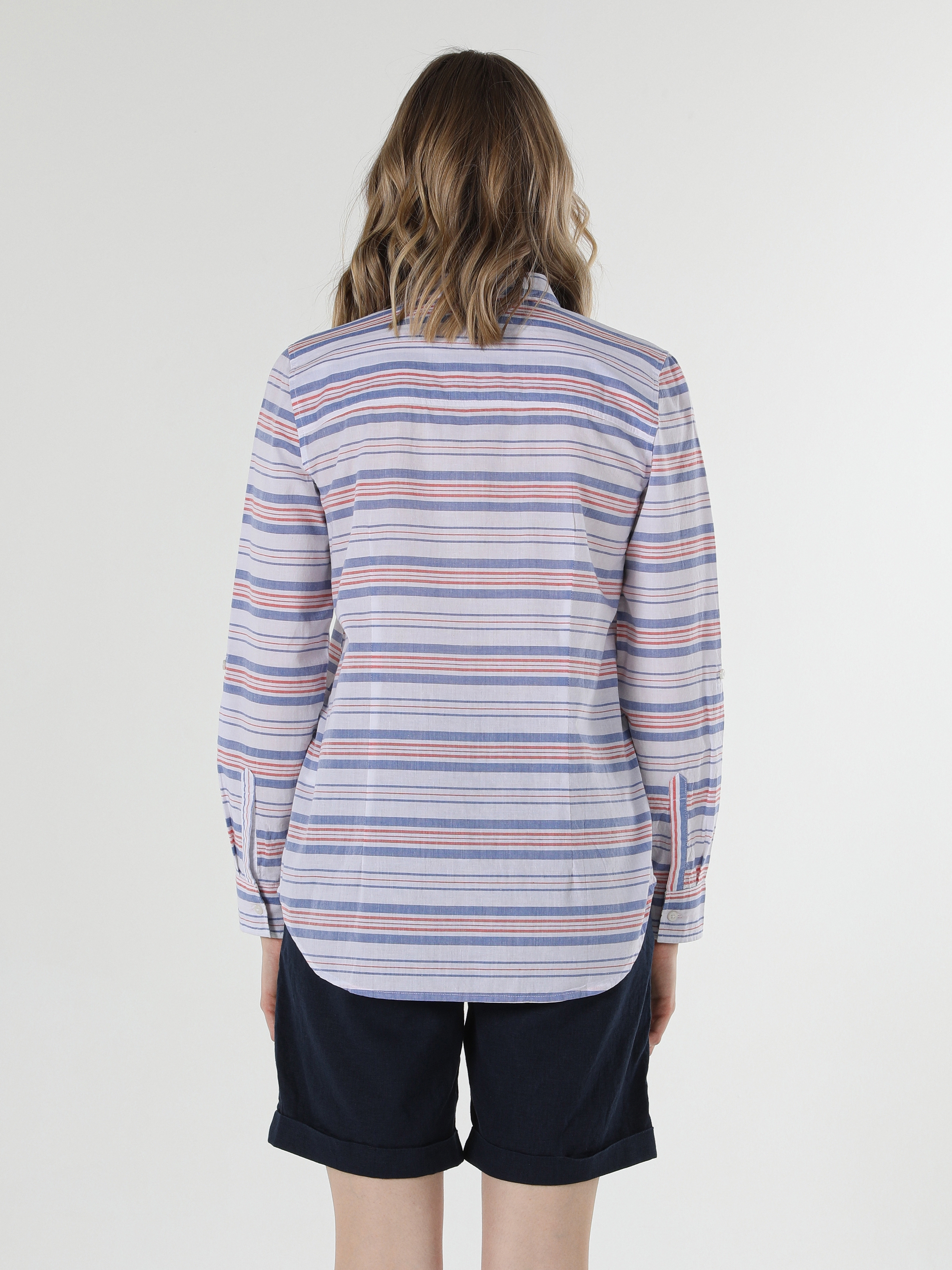 Colins Regular Fit Shirt Neck Çizgili Çok Renkli Kadın Uzun Kol Gömlek. 2
