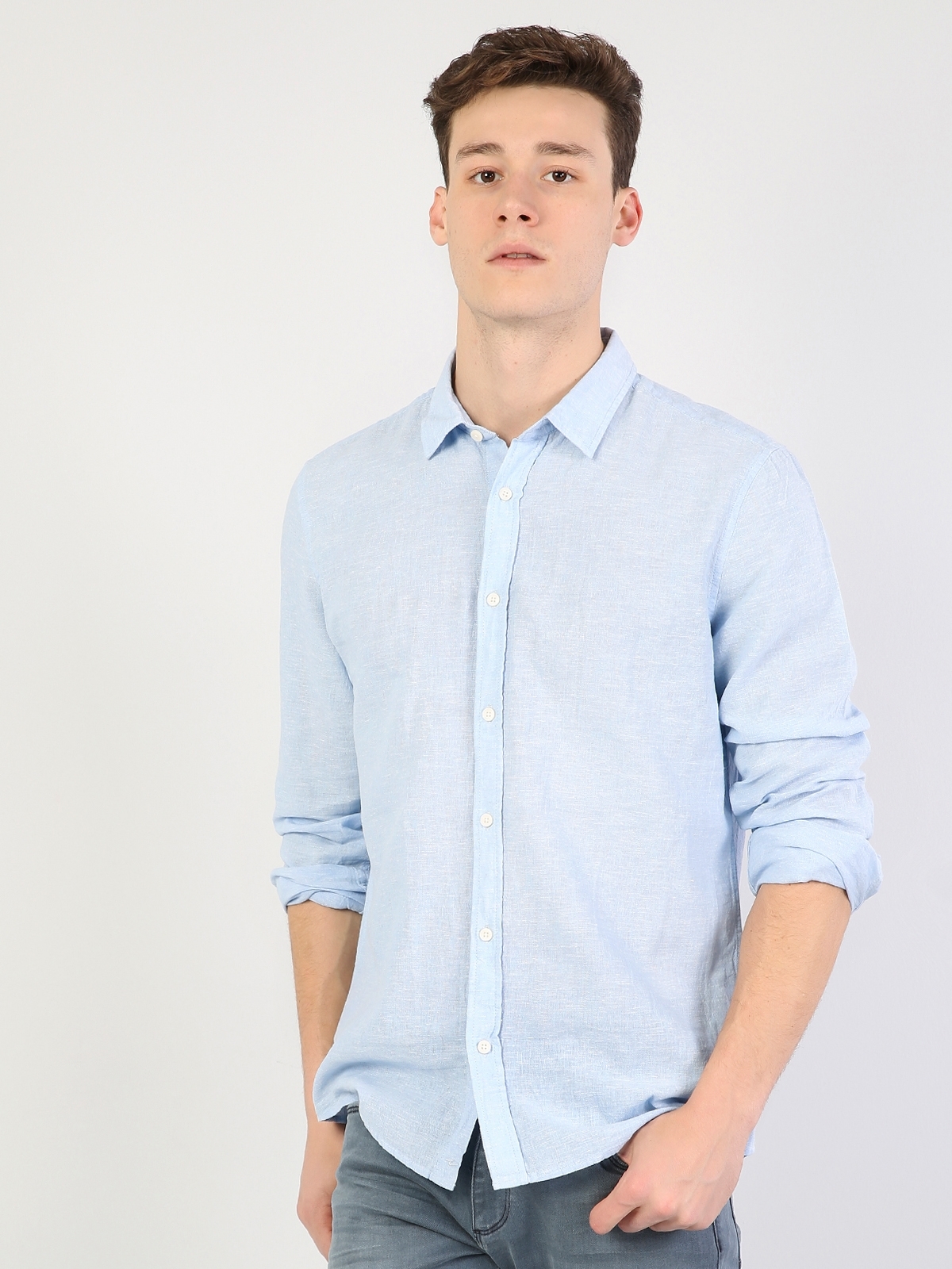  Slim Fit Shirt Neck Erkek Açık Mavi Uzun Kol Gömlek