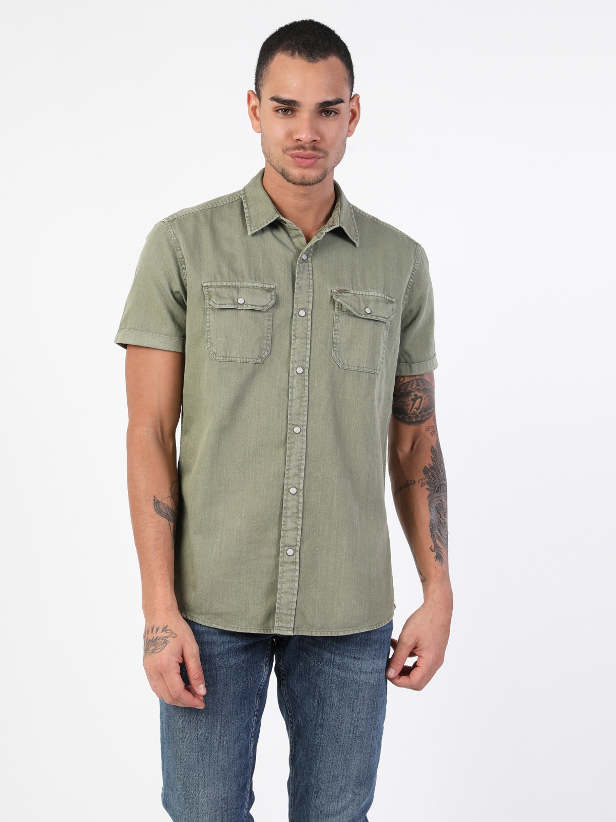 Slim Fit Shirt Neck Erkek Yeşil Kısa Kol Gömlek