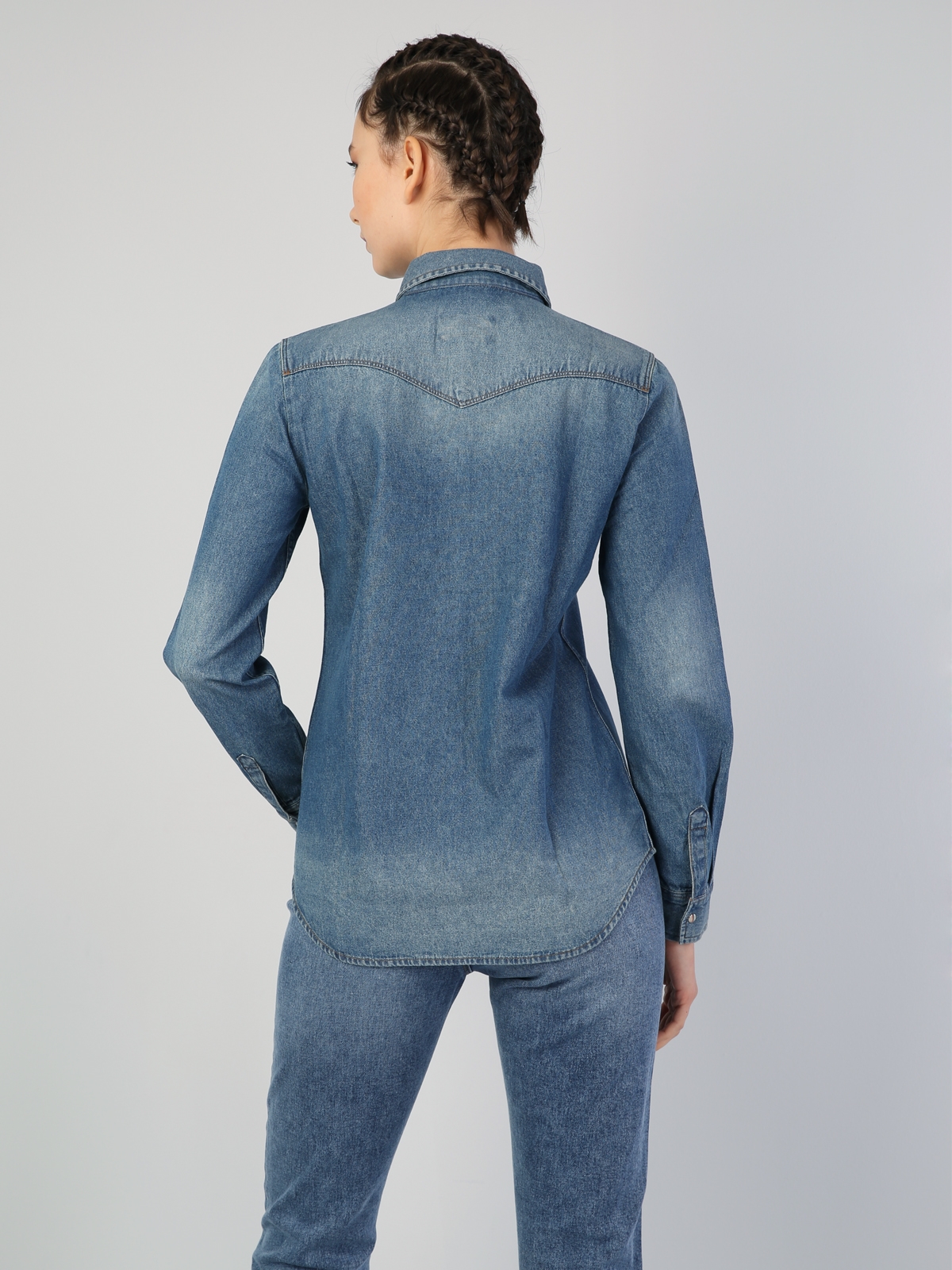 Slim Fit Mavi Kadın Jean Gömlek U.Kol