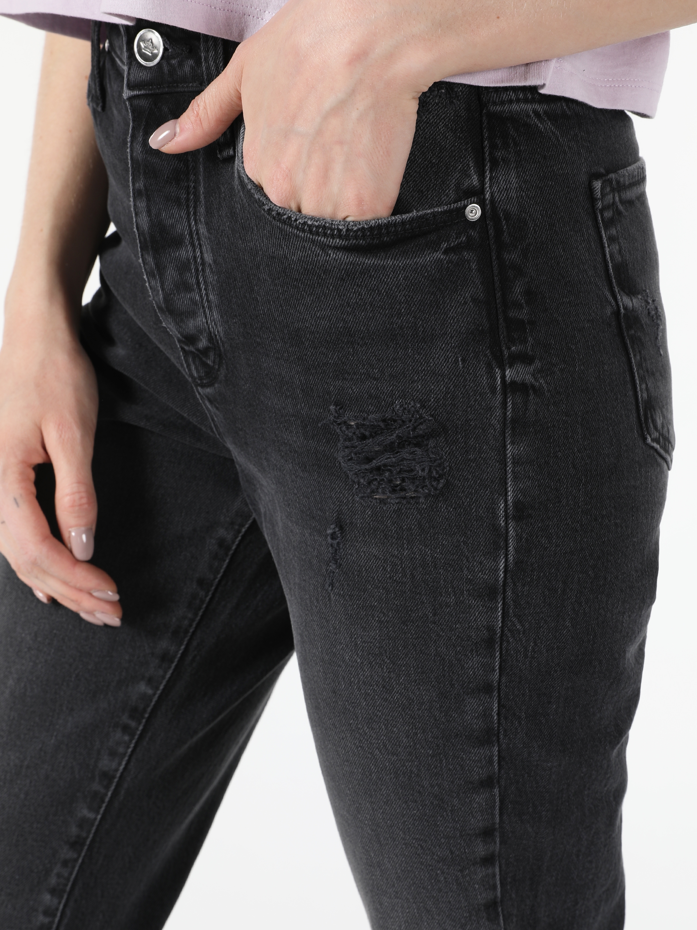 Colins 891 Maya Slim Fit Normal Bel Daralan Paça Kadın Yırtık Detaylı Gri Jean Pantolon. 5
