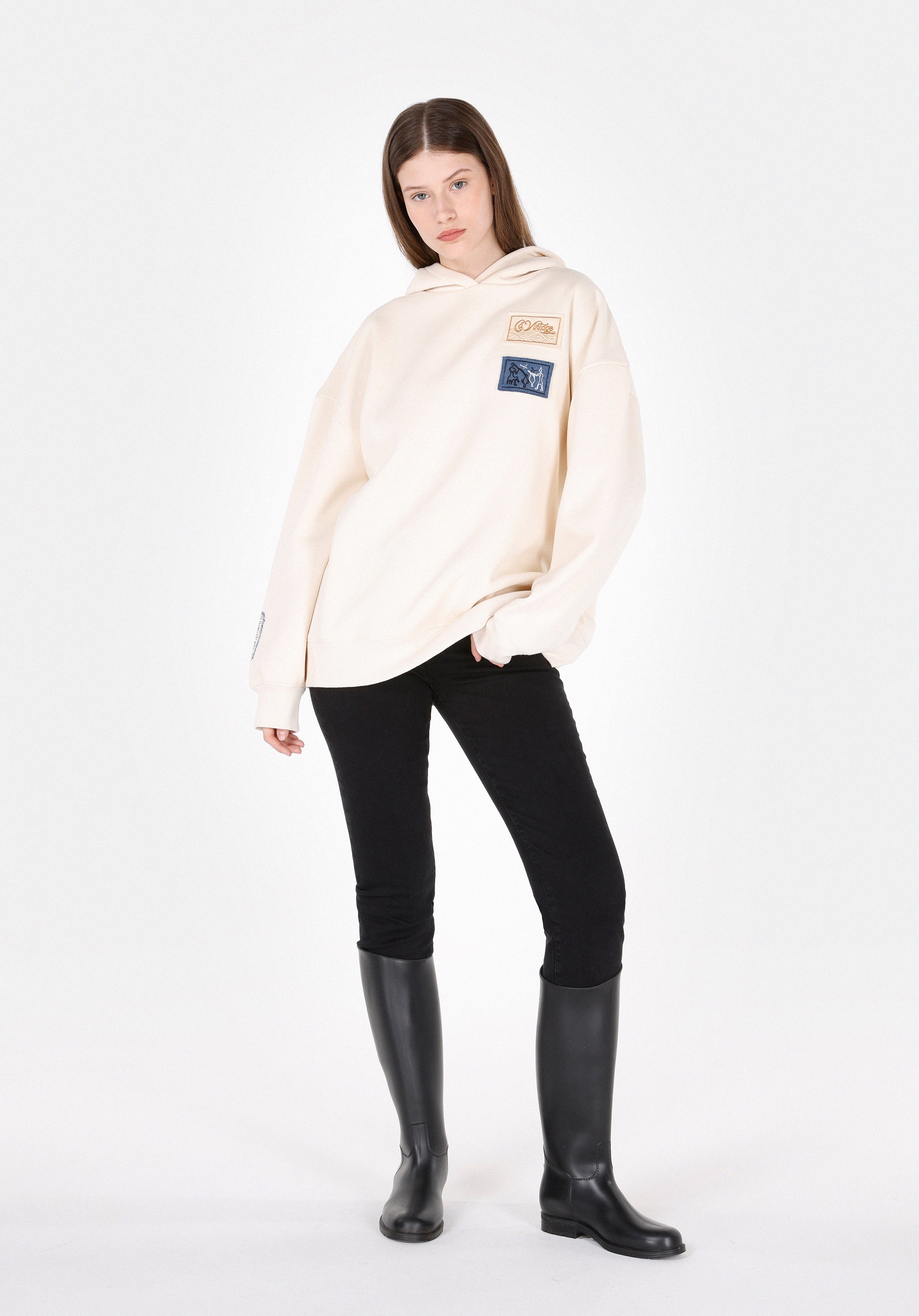 Regular Fit Kapüşonlu Nakışlı Kadın Ekru Sweatshirt Cl1071962