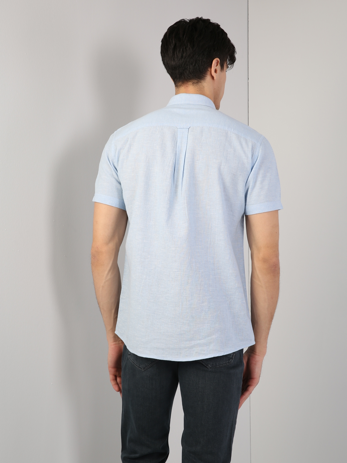 Regular Fit Shirt Neck Erkek Açık Mavi Kısa Kol Gömlek