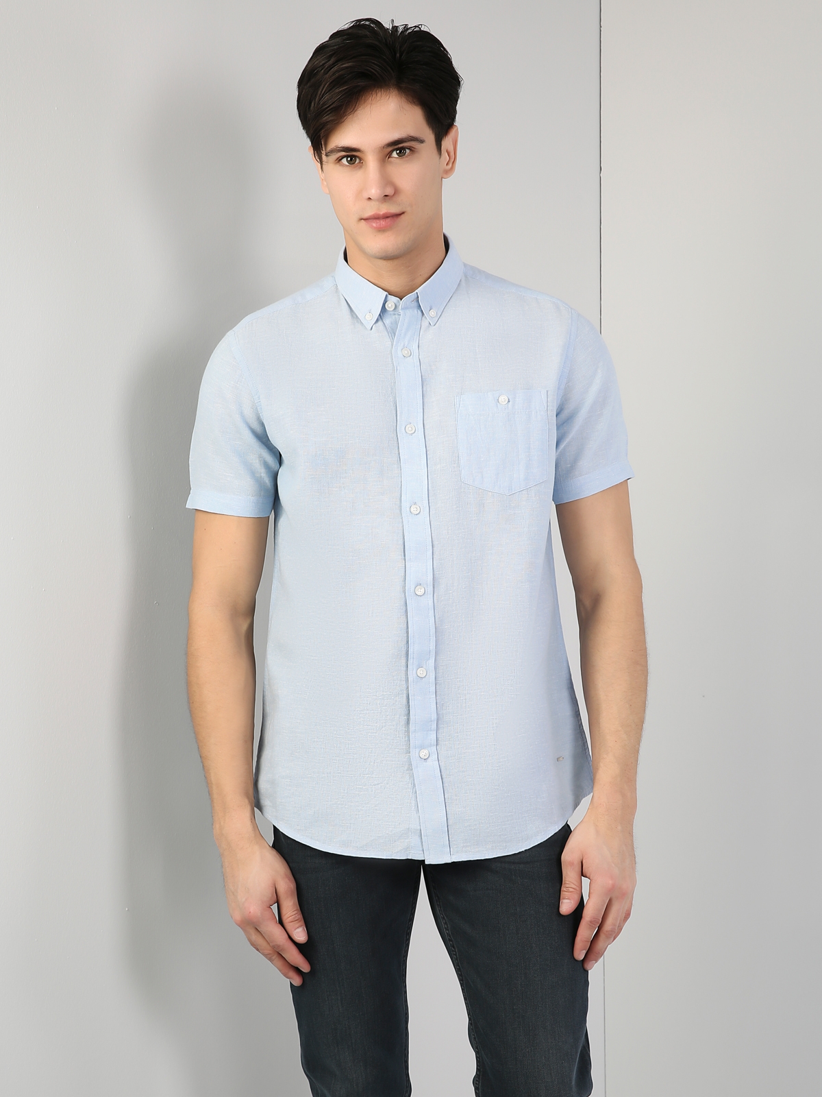 Regular Fit Shirt Neck Erkek Açık Mavi Kısa Kol Gömlek