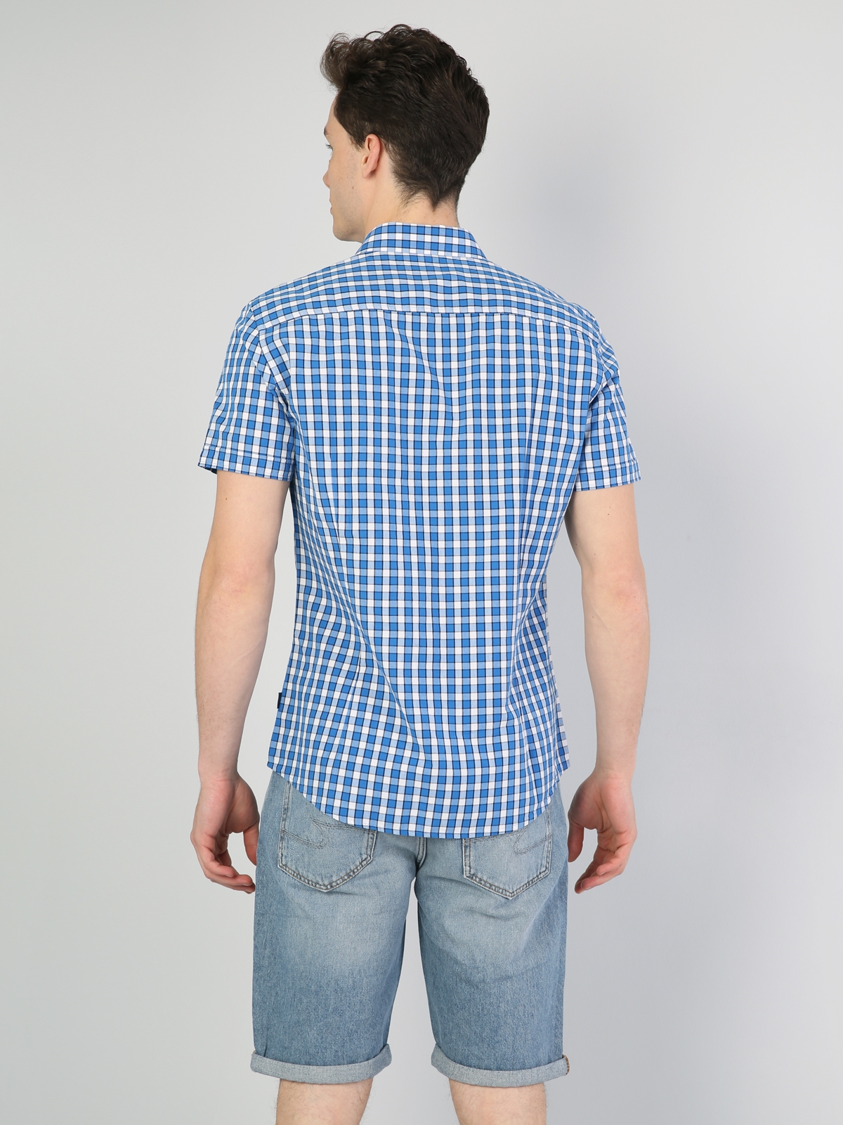 Slim Fit Shirt Neck Erkek Mavi Kısa Kol Gömlek Cl1043031