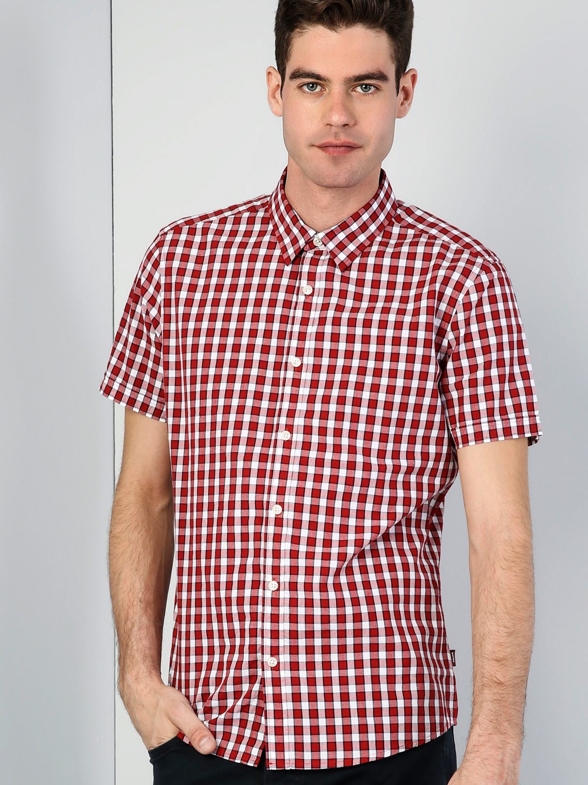 Colins Slim Fit Shirt Neck Erkek Kırmızı Kısa Kol Gömlek. 5