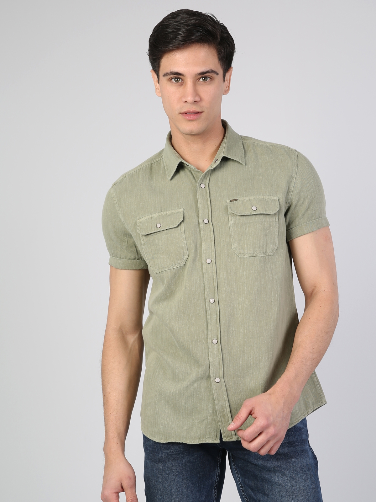 Colins Slim Fit Shirt Neck Erkek Yeşil Kısa Kol Gömlek. 5