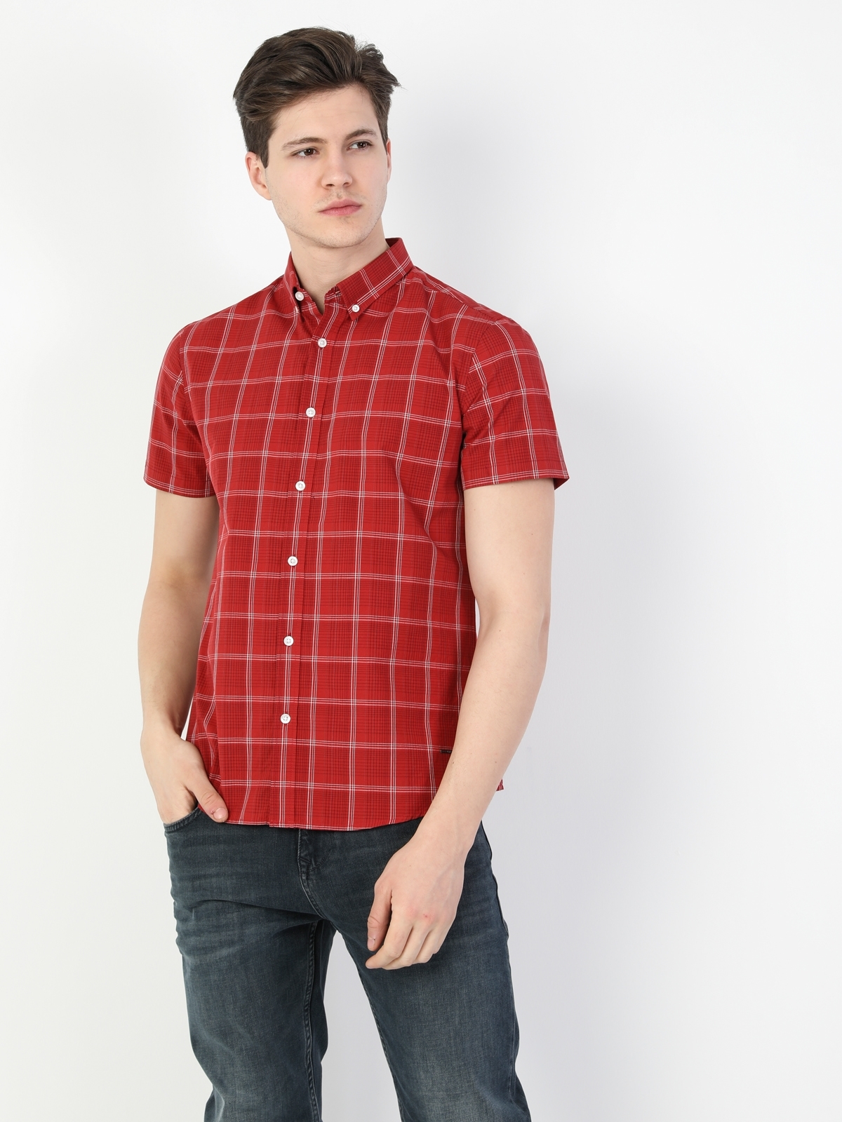 Slim Fit Shirt Neck Erkek Kırmızı Kısa Kol Gömlek Cl1049252