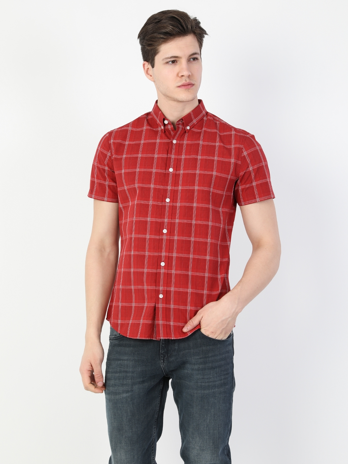 Slim Fit Shirt Neck Erkek Kırmızı Kısa Kol Gömlek Cl1049252
