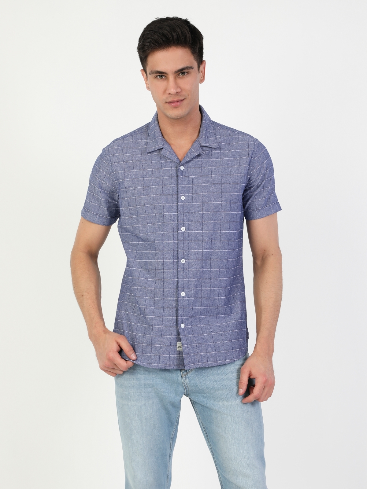 Slim Fit Shirt Neck Erkek Açık Mavi Kısa Kol Gömlek Cl1048208