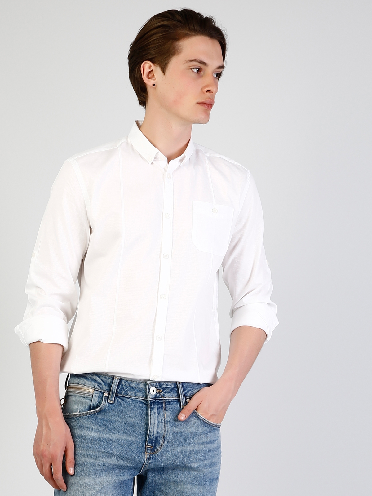 Colins Modern Fit Shirt Neck Erkek Beyaz Uzun Kol Gömlek. 5