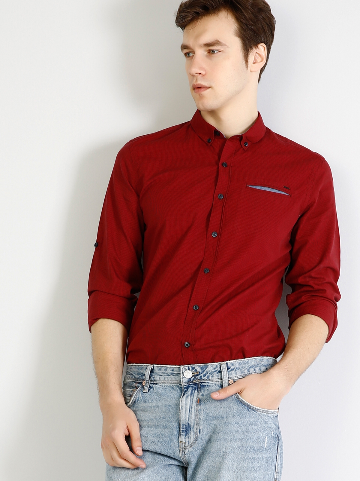 Colins Modern Fit Shirt Neck Erkek Kırmızı Uzun Kol Gömlek. 5