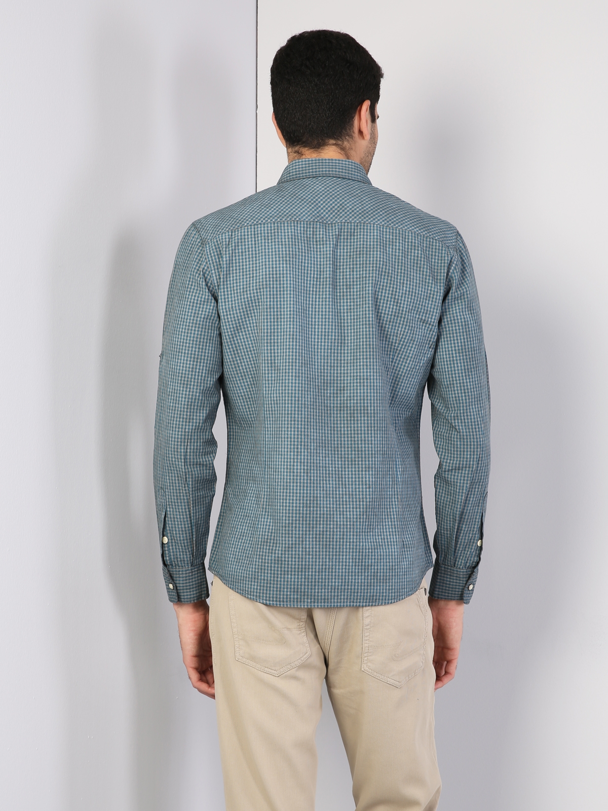 Slim Fit Shirt Neck Erkek Petrol Mavisi Uzun Kol Gömlek Cl1028207