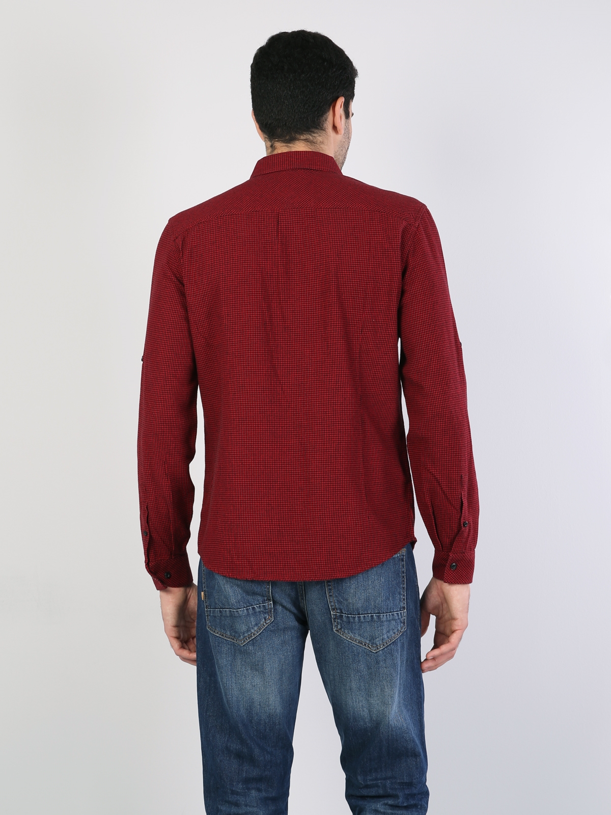  Kol Katlamalı Klasik Yaka Kırmızı Uzun Kol Gömlek