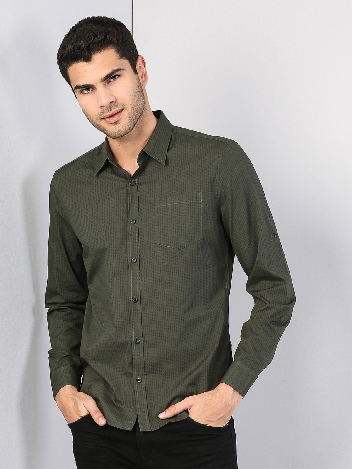  Modern Fit Shirt Neck Erkek Haki Uzun Kol Gömlek