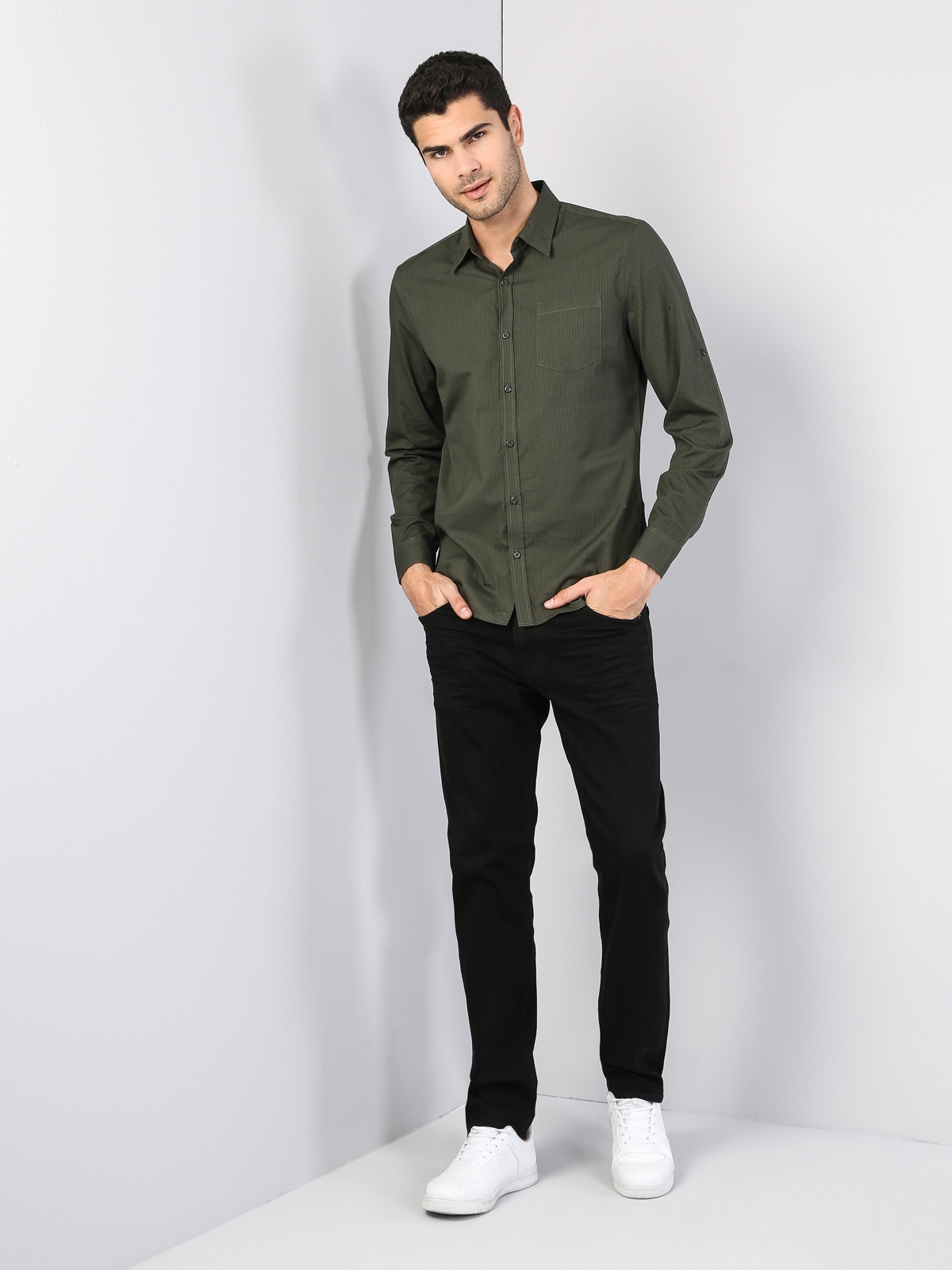  Modern Fit Shirt Neck Erkek Haki Uzun Kol Gömlek