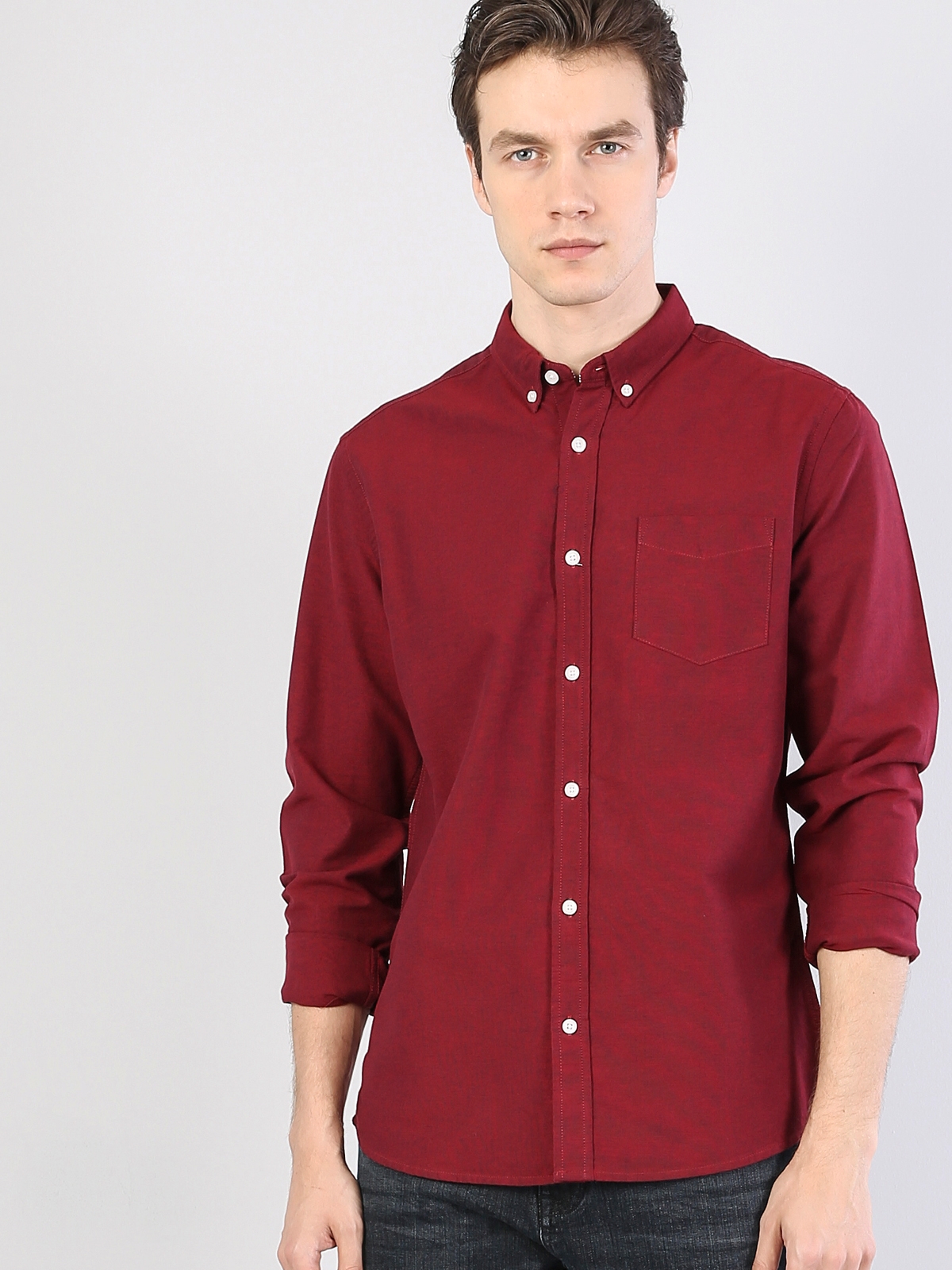  Regular Fit Shirt Neck Erkek Kırmızı Uzun Kol Gömlek