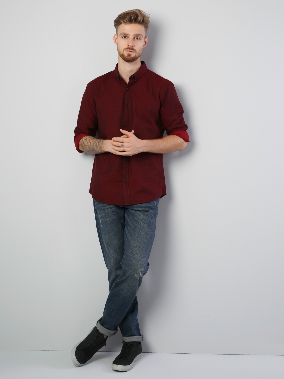  Modern Fit Shirt Neck Erkek Kırmızı Uzun Kol Gömlek