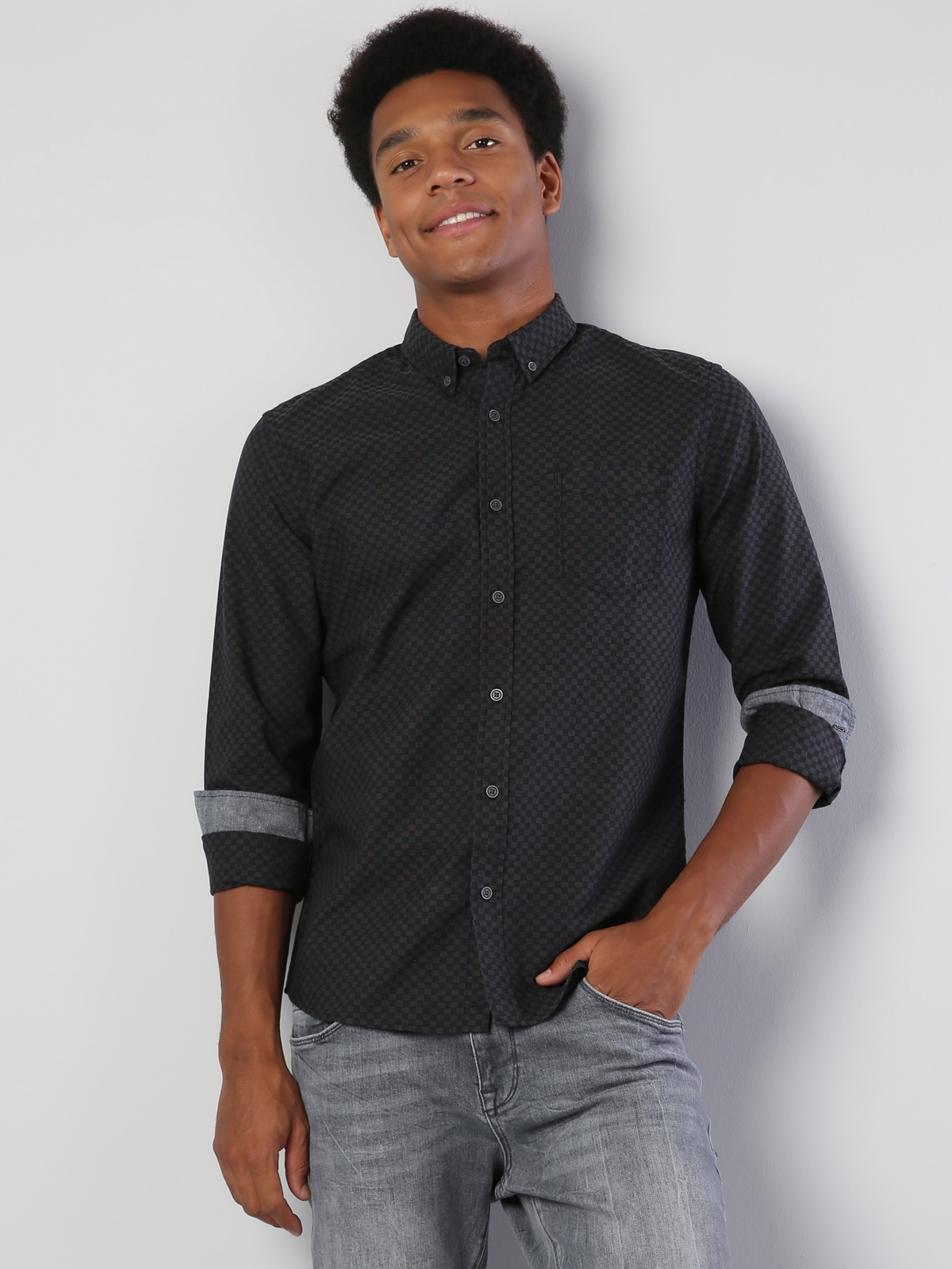  Modern Fit Shirt Neck Erkek Siyah Uzun Kol Gömlek