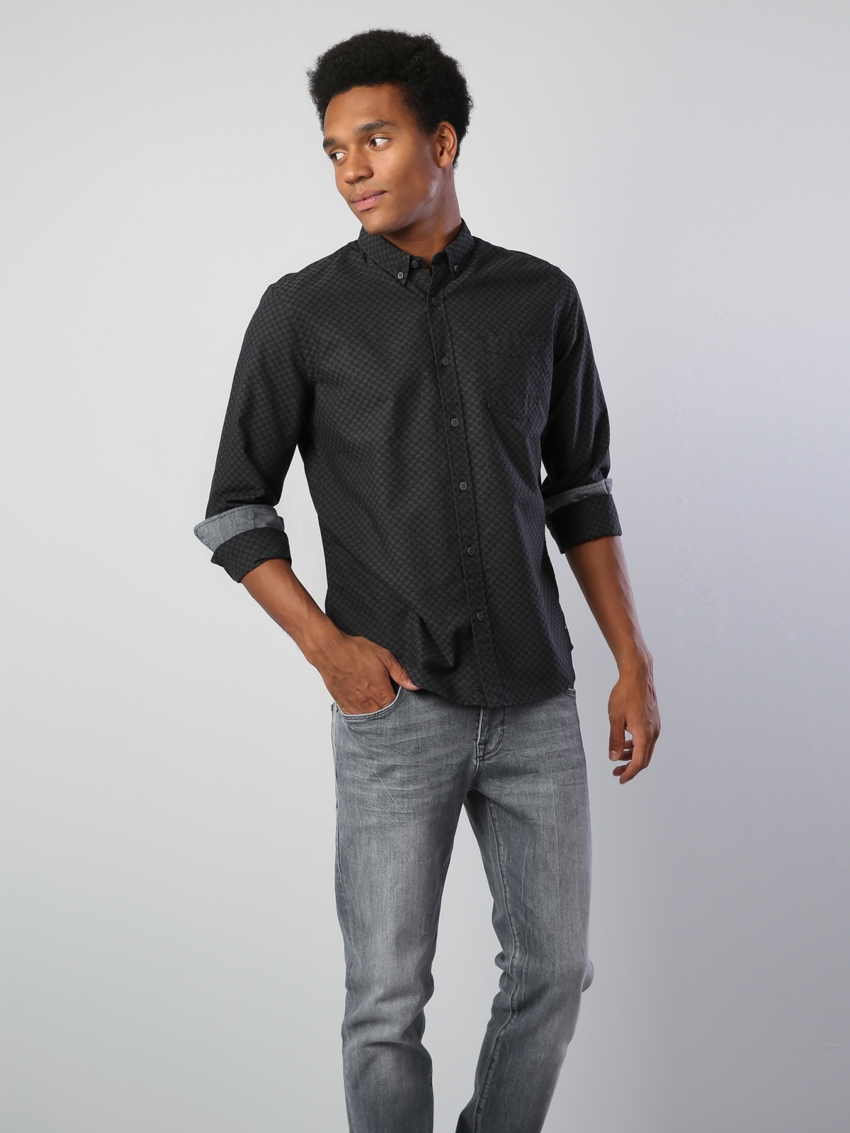  Modern Fit Shirt Neck Erkek Siyah Uzun Kol Gömlek