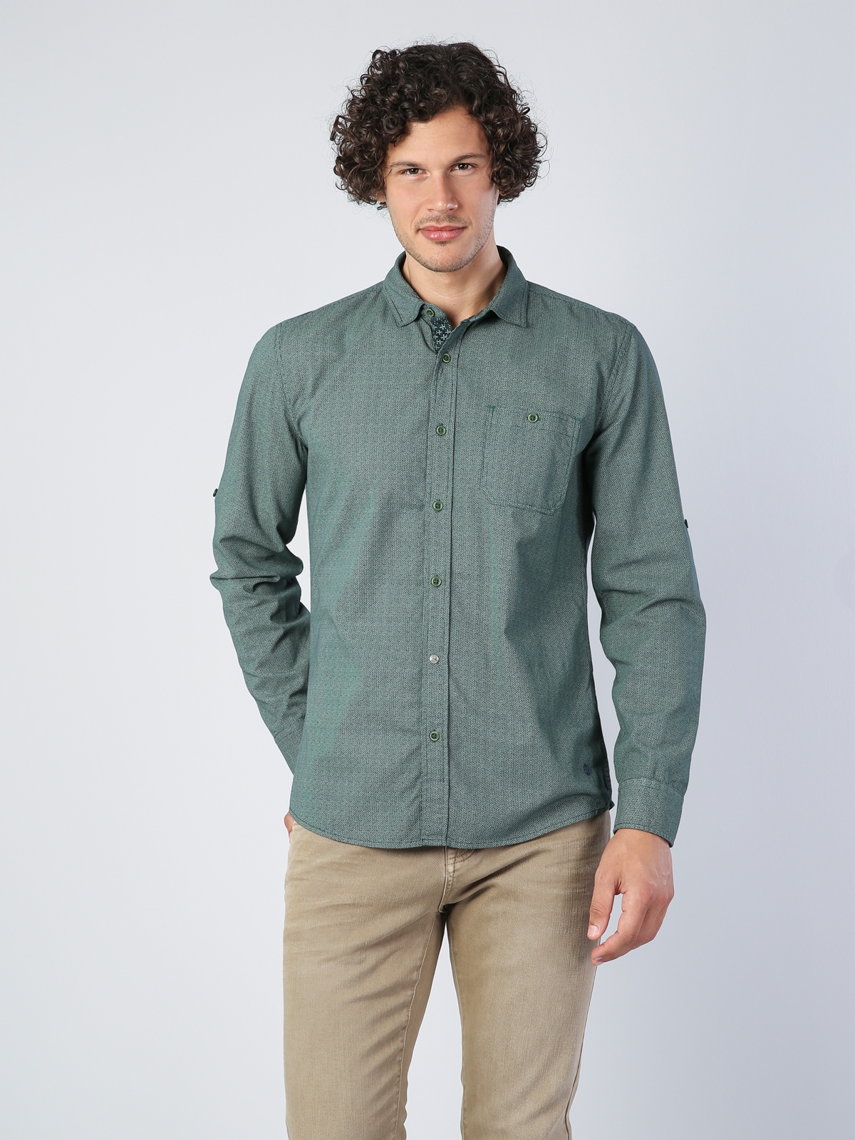  Modern Fit Shirt Neck Erkek Yeşil Uzun Kol Gömlek