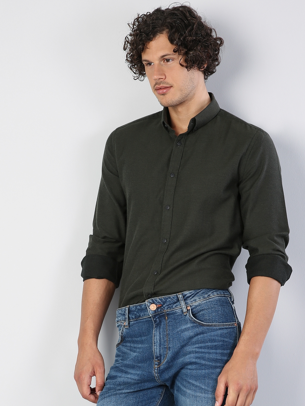 Colins Modern Fit Shirt Neck Erkek Koyu Yeşil Uzun Kol Gömlek. 5