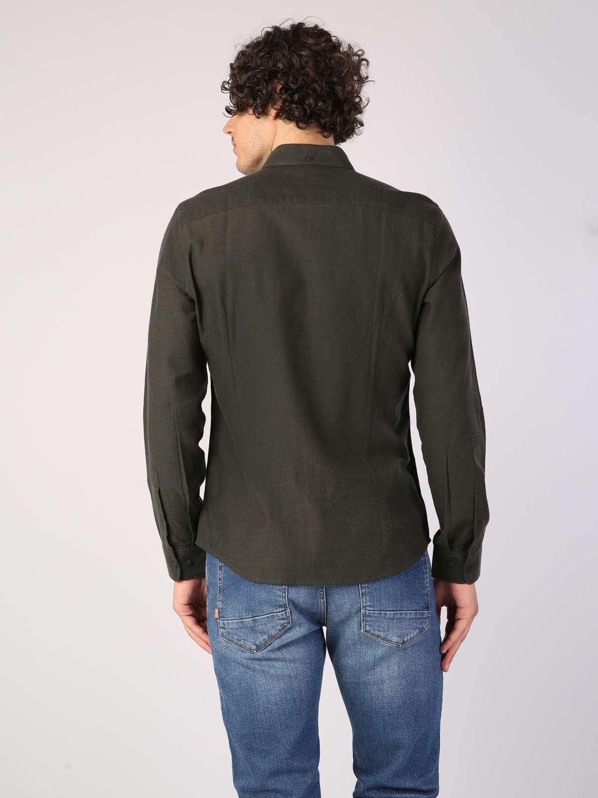  Modern Fit Shirt Neck Erkek Koyu Yeşil Uzun Kol Gömlek
