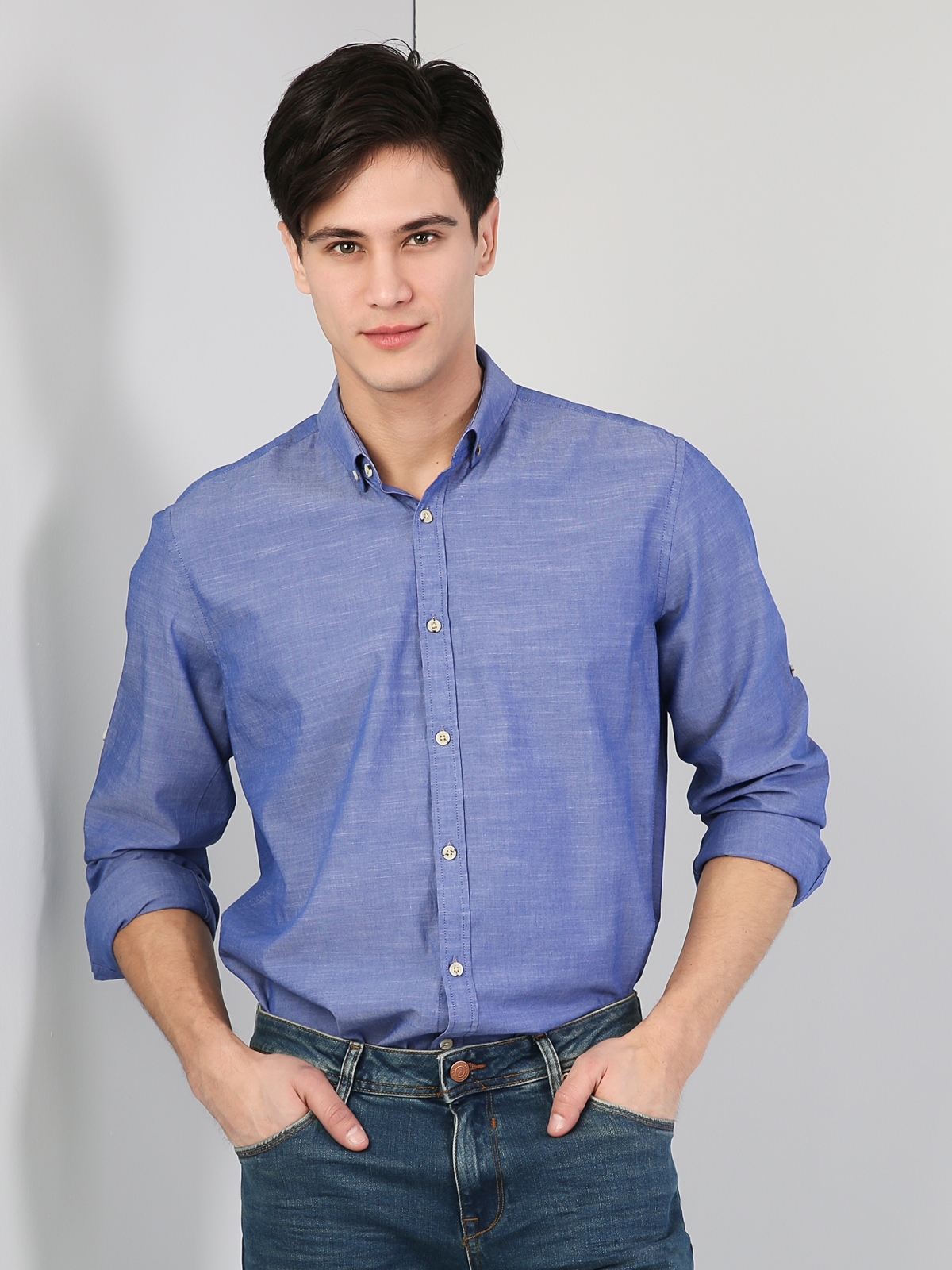 Colins Regular Fit Shirt Neck Erkek Mavi Uzun Kol Gömlek. 5