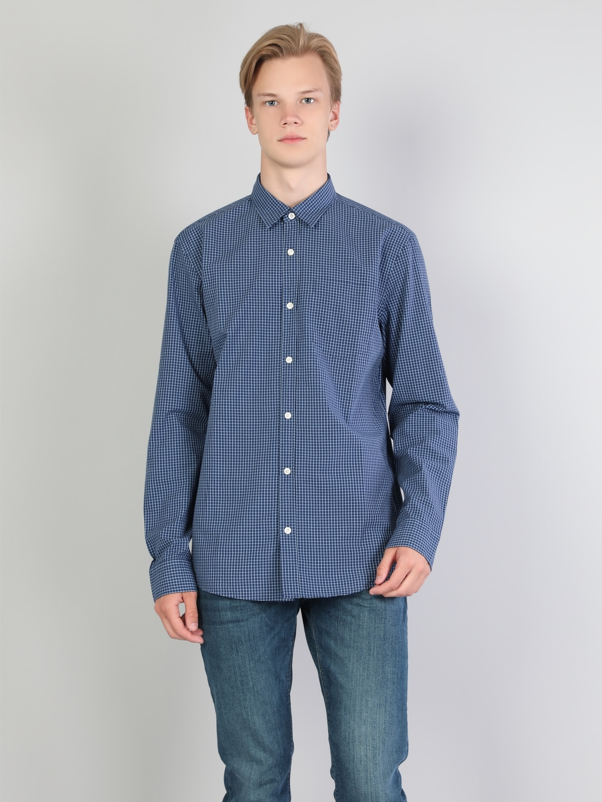 Regular Fit Shirt Neck Erkek Koyu Mavi Uzun Kol Gömlek Cl1044332