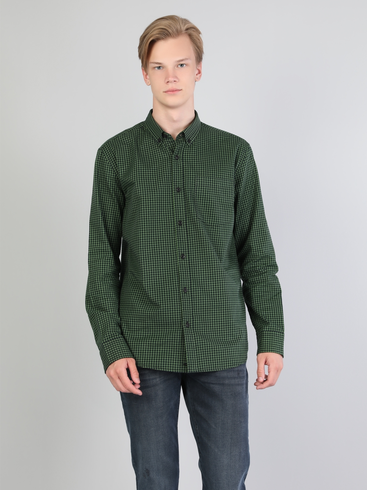  Regular Fit Shirt Neck Erkek Yeşil Uzun Kol Gömlek