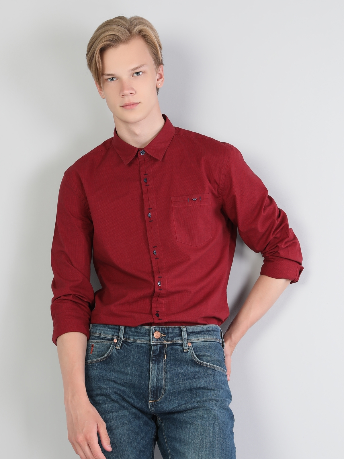  Slim Fit Shirt Neck Erkek Kırmızı Uzun Kol Gömlek