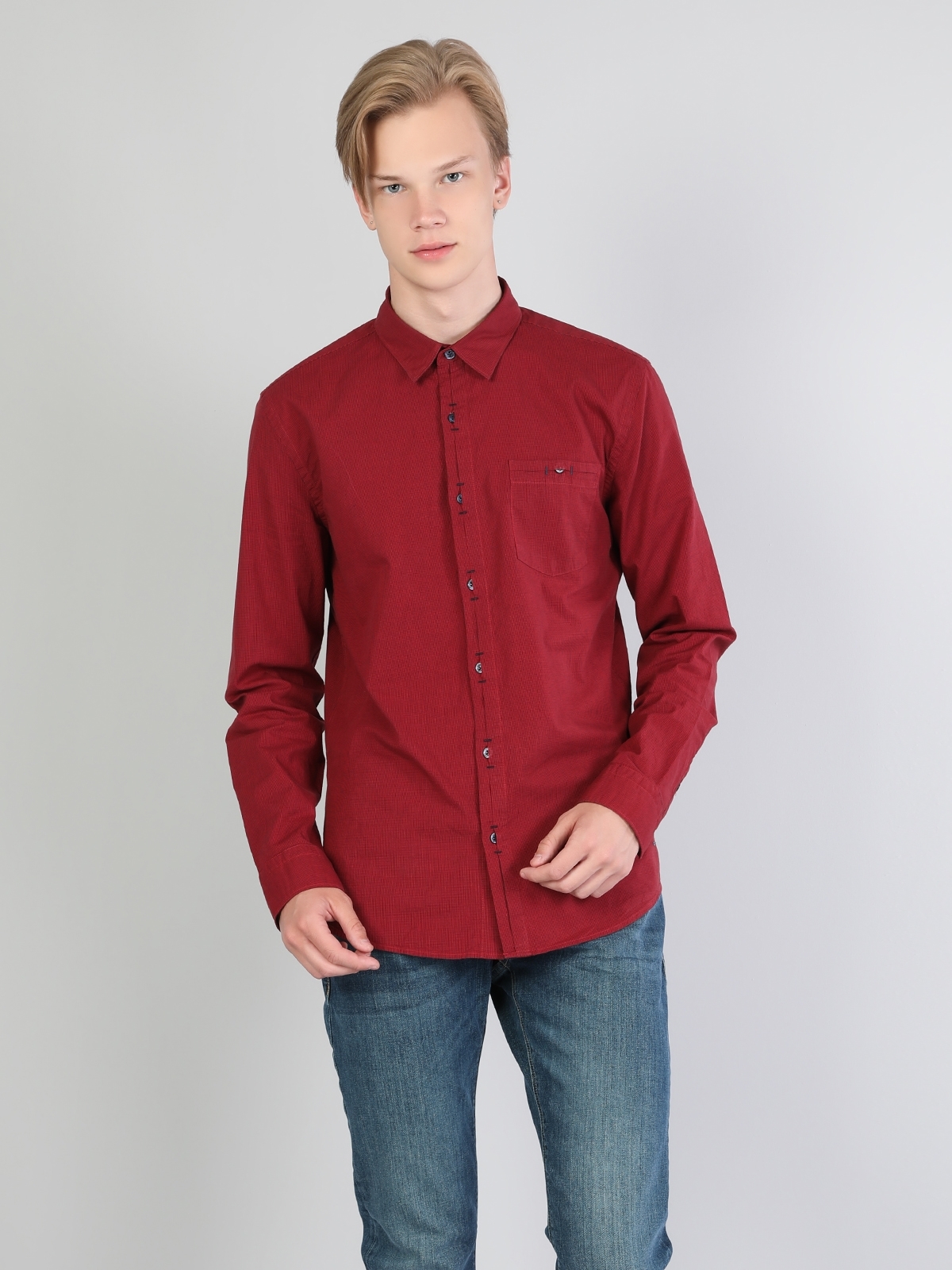  Slim Fit Shirt Neck Erkek Kırmızı Uzun Kol Gömlek
