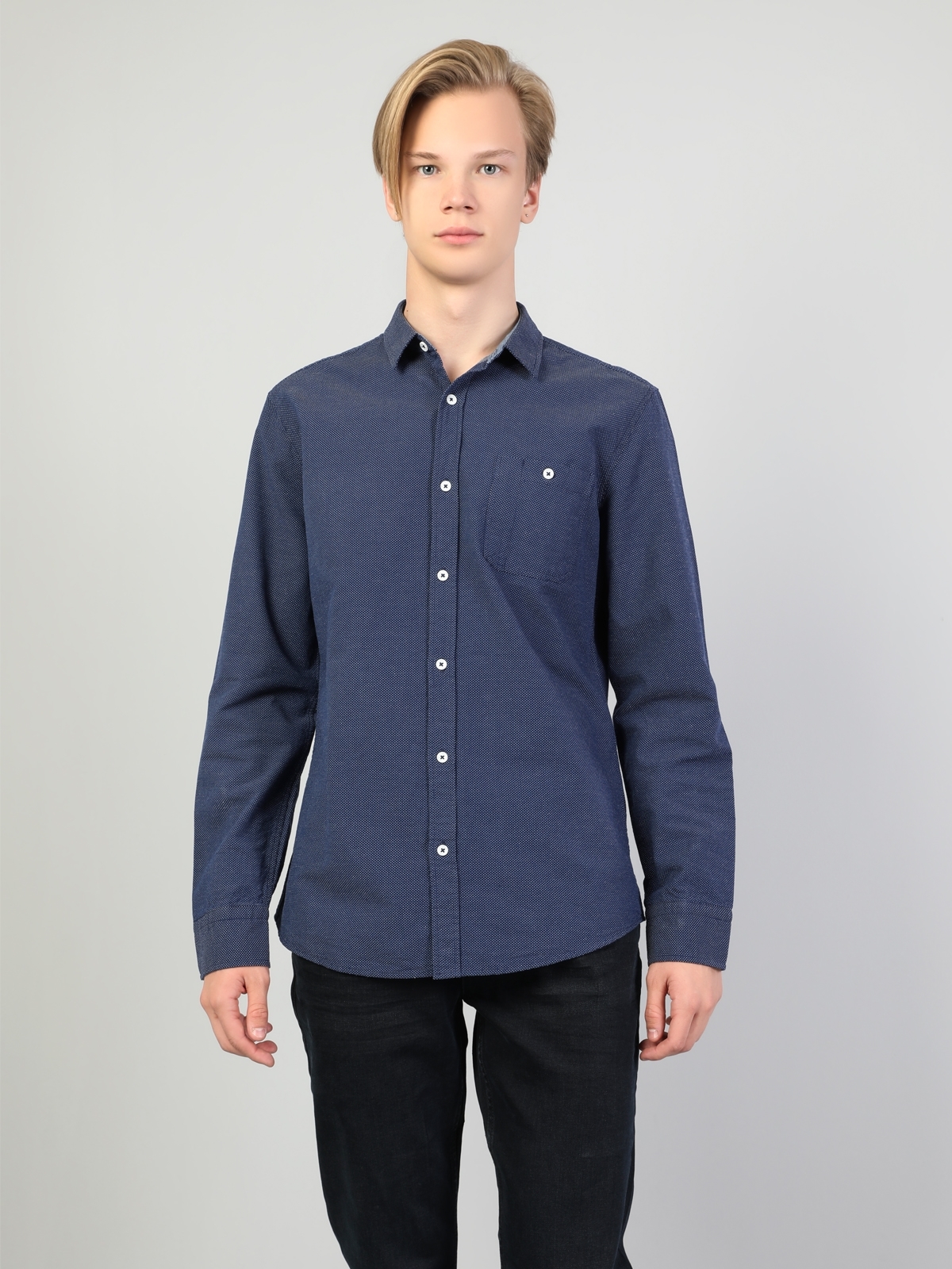  Slim Fit Shirt Neck Erkek Koyu Mavi Uzun Kol Gömlek
