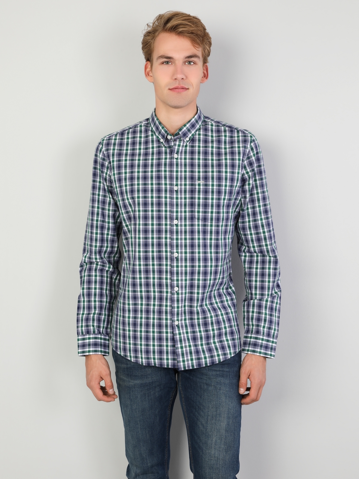 Slim Fit Shirt Neck Erkek Yeşil Uzun Kol Gömlek Cl1047131