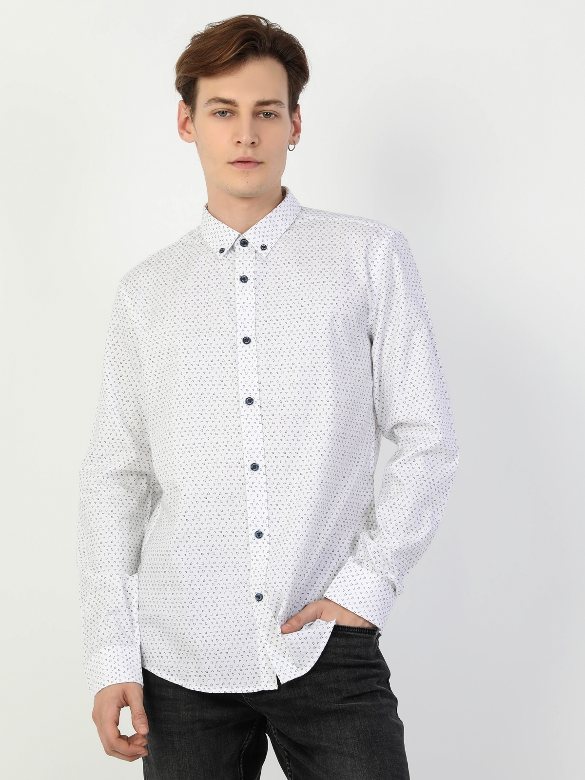 Colins  Slim Fit Shirt Neck Erkek Beyaz Uzun Kol Gömlek. 1
